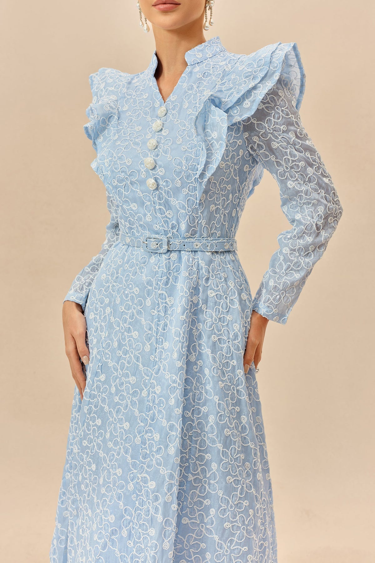 Blue Floral Embroidered Belted Ruffle Collar Maxi Dress