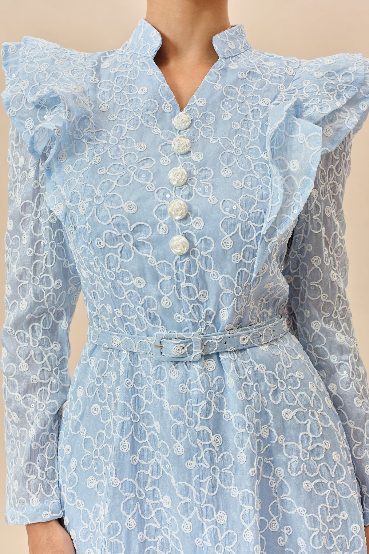 Blue Floral Embroidered Belted Ruffle Collar Maxi Dress