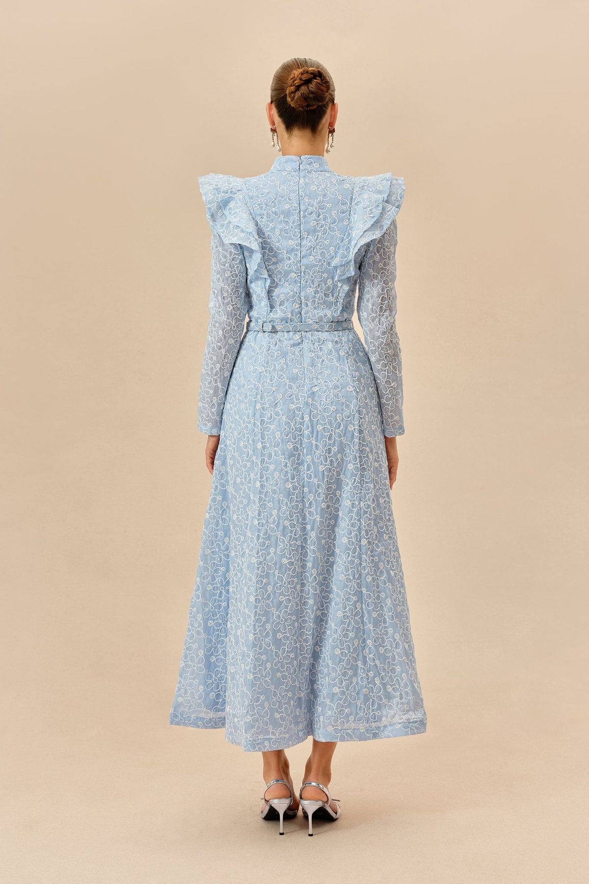 Blue Floral Embroidered Belted Ruffle Collar Maxi Dress