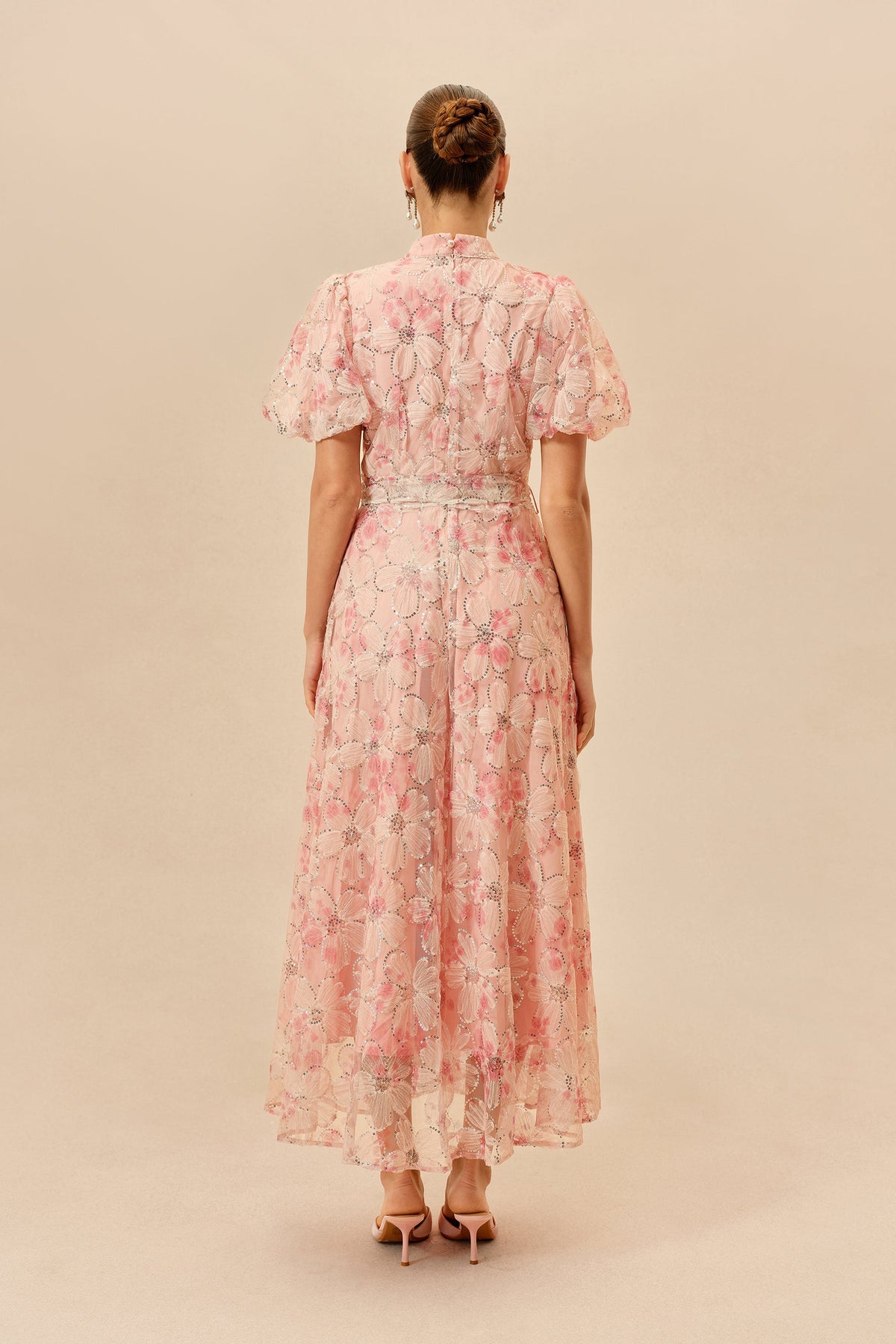 Pink Floral Sequin Embroidered Belted Puff-Sleeve Maxi Dress