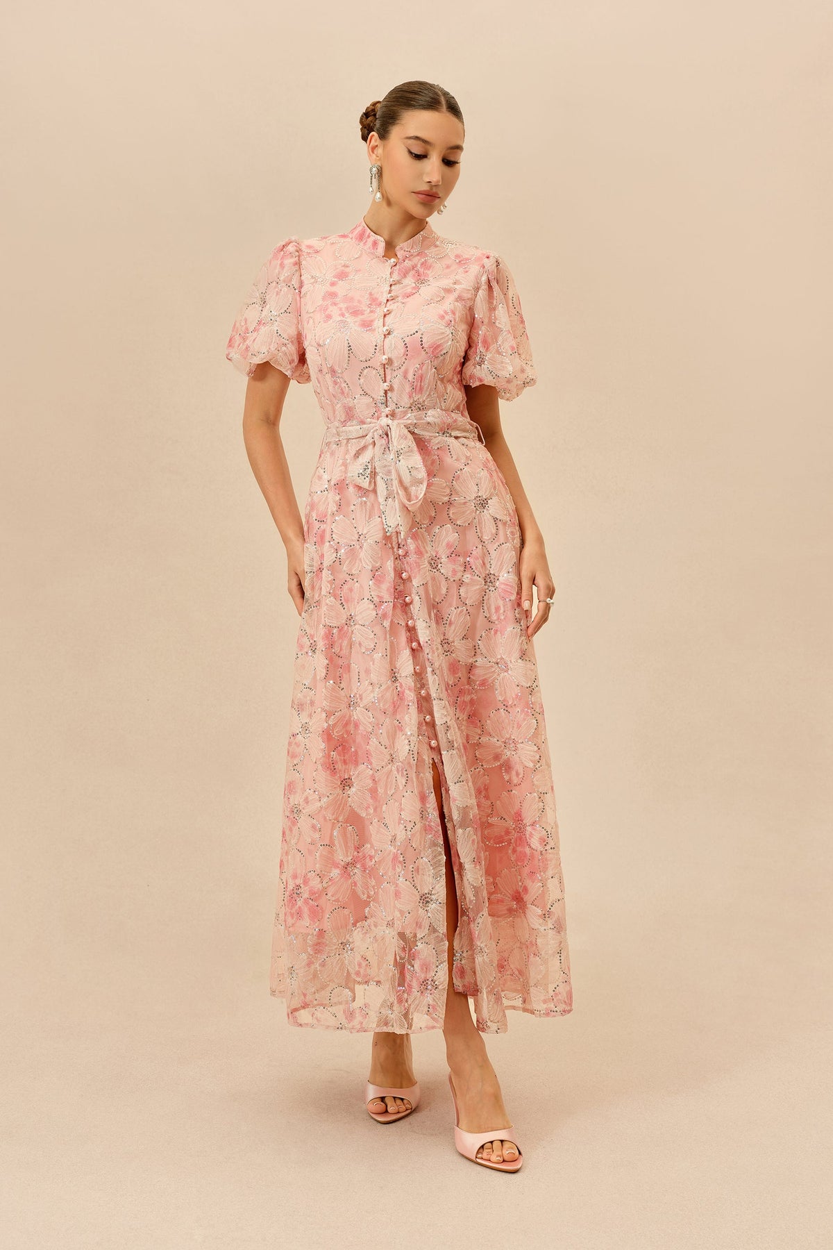 Pink Floral Sequin Embroidered Belted Puff-Sleeve Maxi Dress