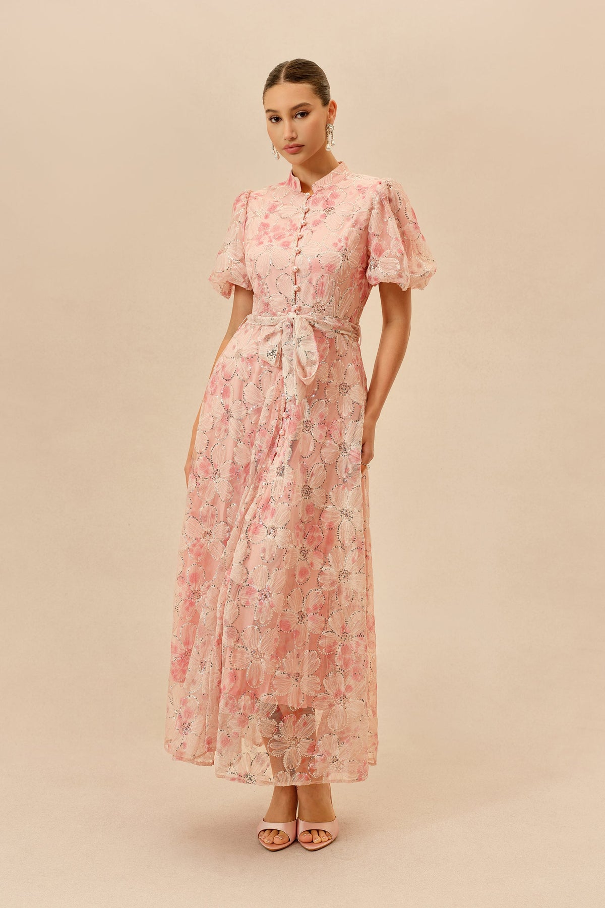 Pink Floral Sequin Embroidered Belted Puff-Sleeve Maxi Dress
