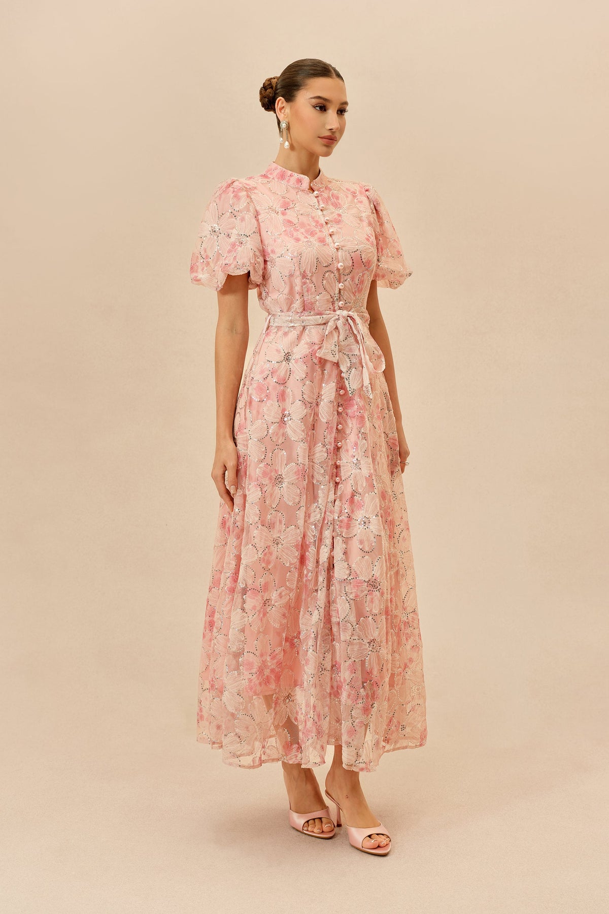 Pink Floral Sequin Embroidered Belted Puff-Sleeve Maxi Dress