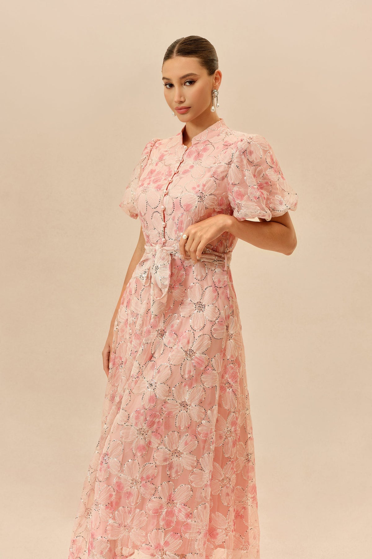 Pink Floral Sequin Embroidered Belted Puff-Sleeve Maxi Dress