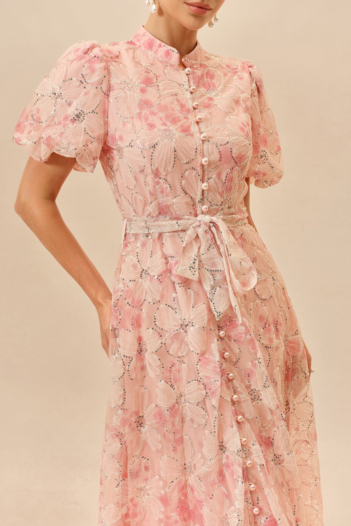 Pink Floral Sequin Embroidered Belted Puff-Sleeve Maxi Dress