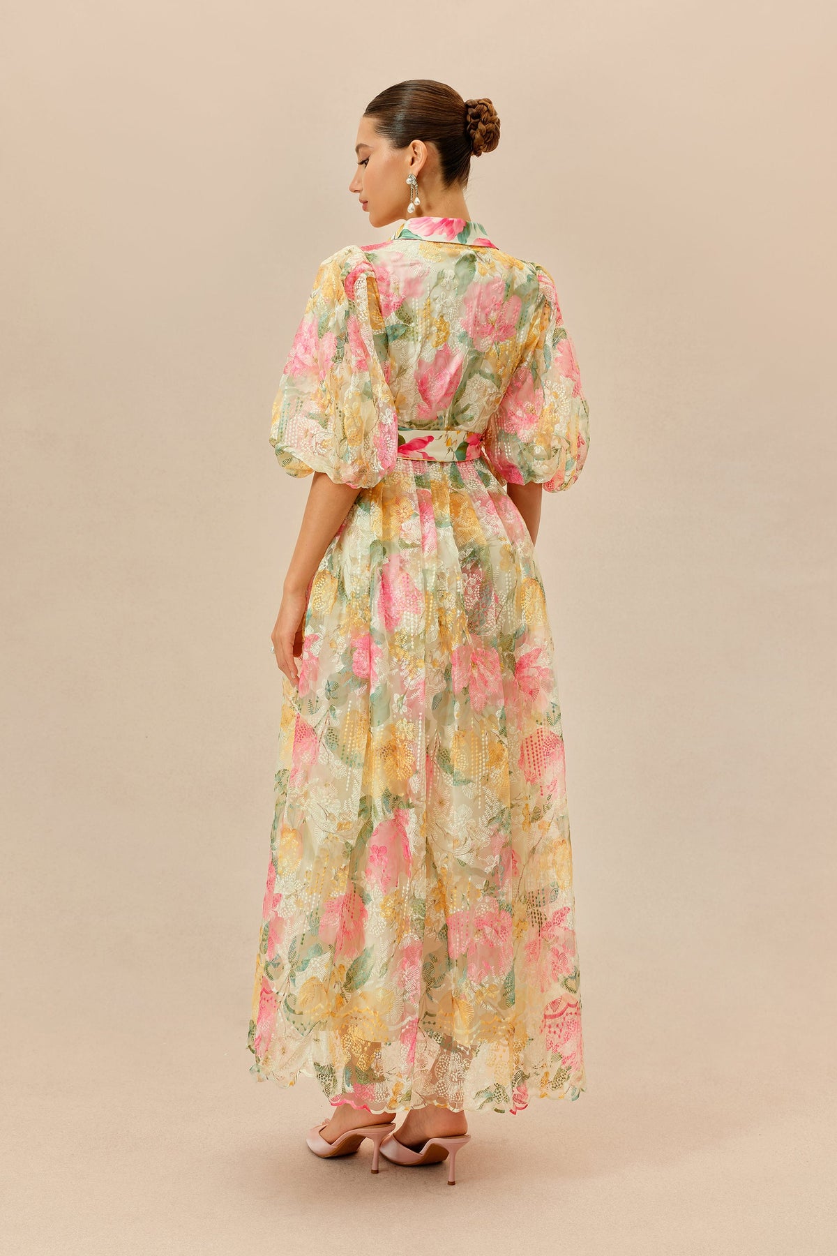 Multicolor Floral Print Lace Belted Maxi Dress