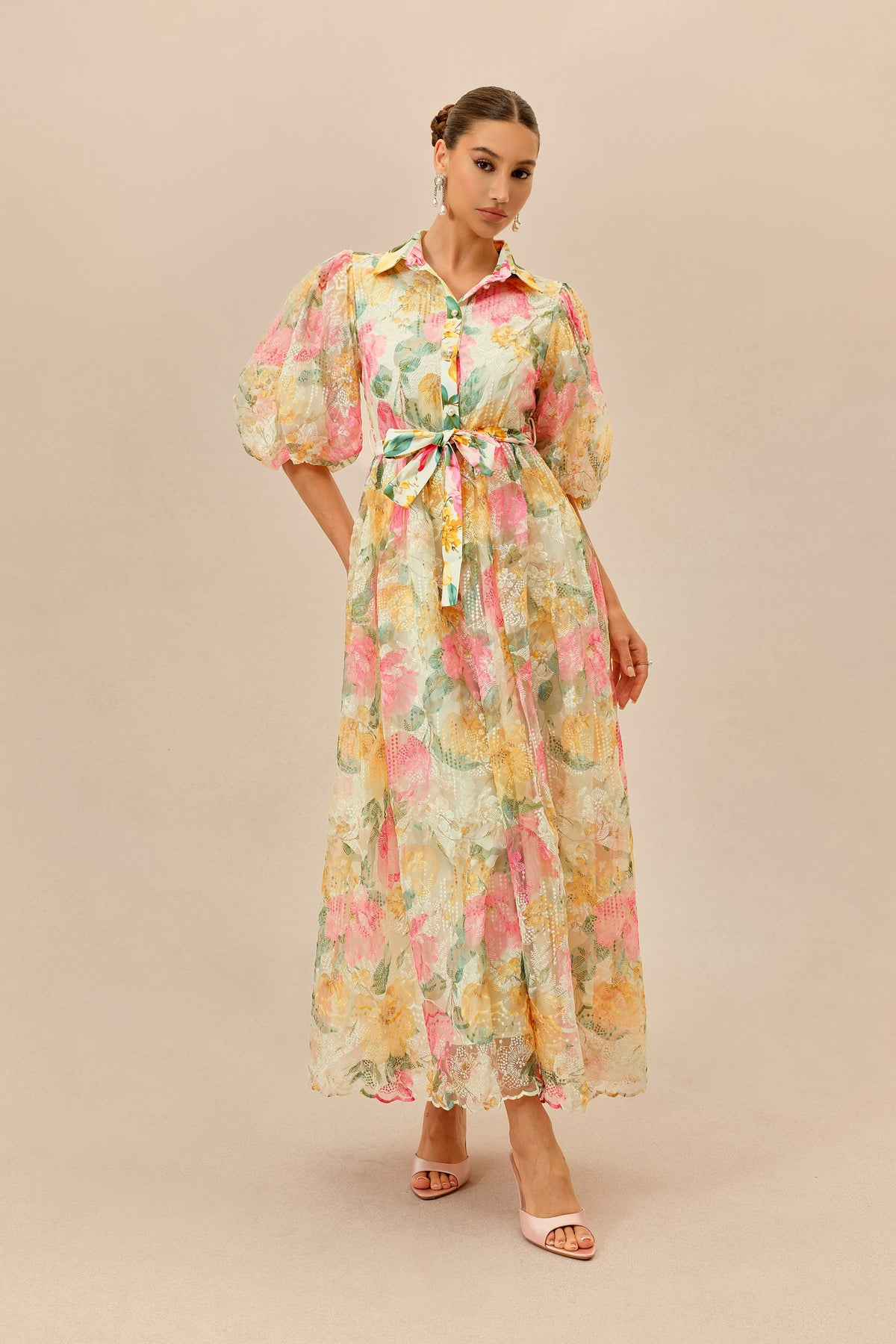 Multicolor Floral Print Lace Belted Maxi Dress