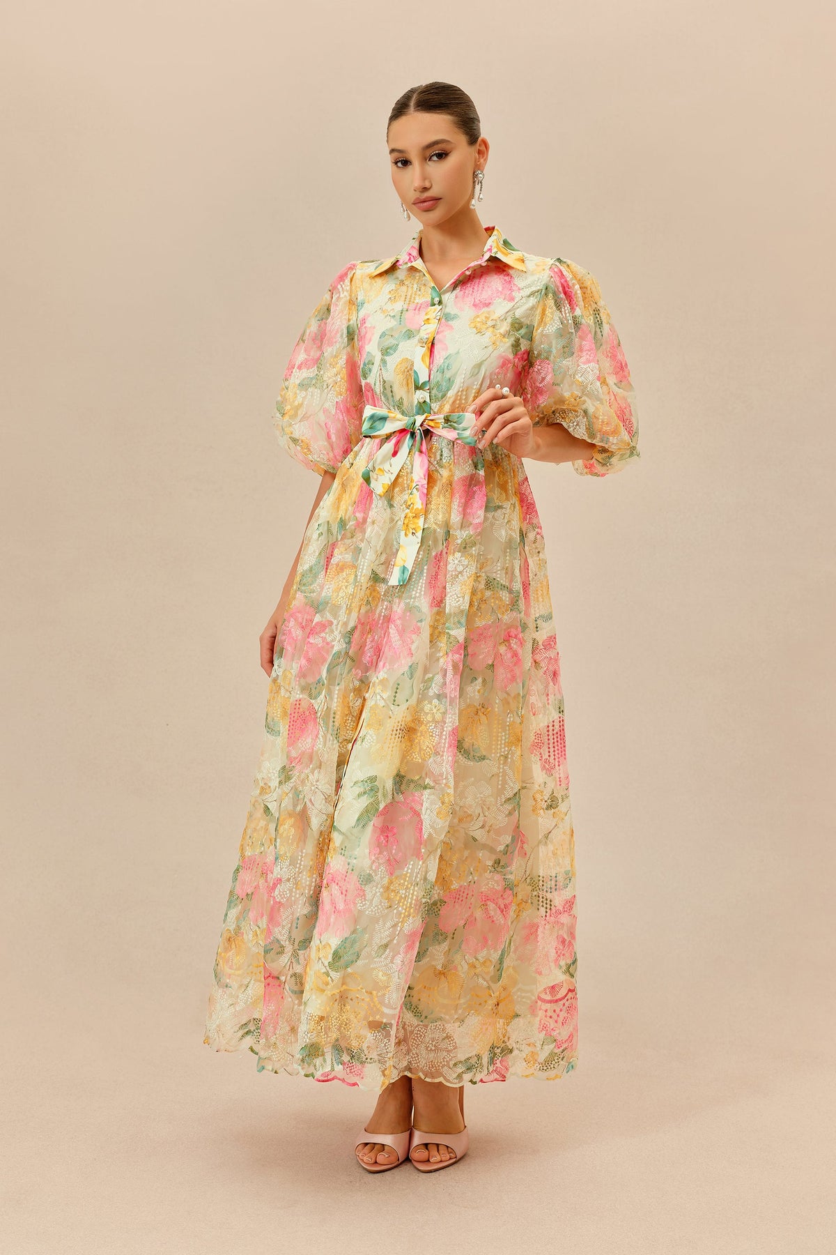 Multicolor Floral Print Lace Belted Maxi Dress