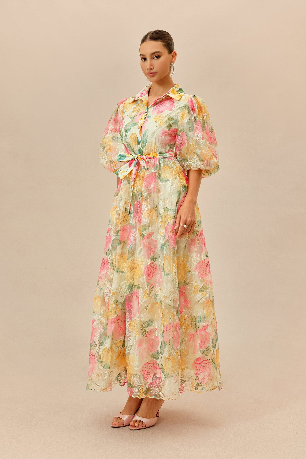 Multicolor Floral Print Lace Belted Maxi Dress
