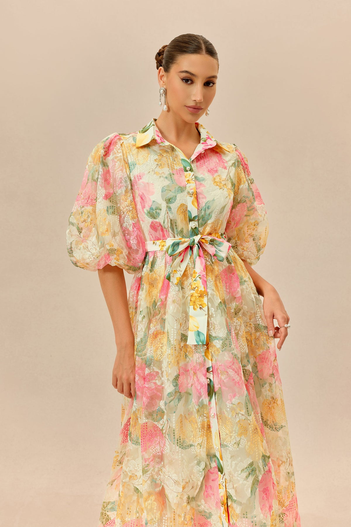 Multicolor Floral Print Lace Belted Maxi Dress