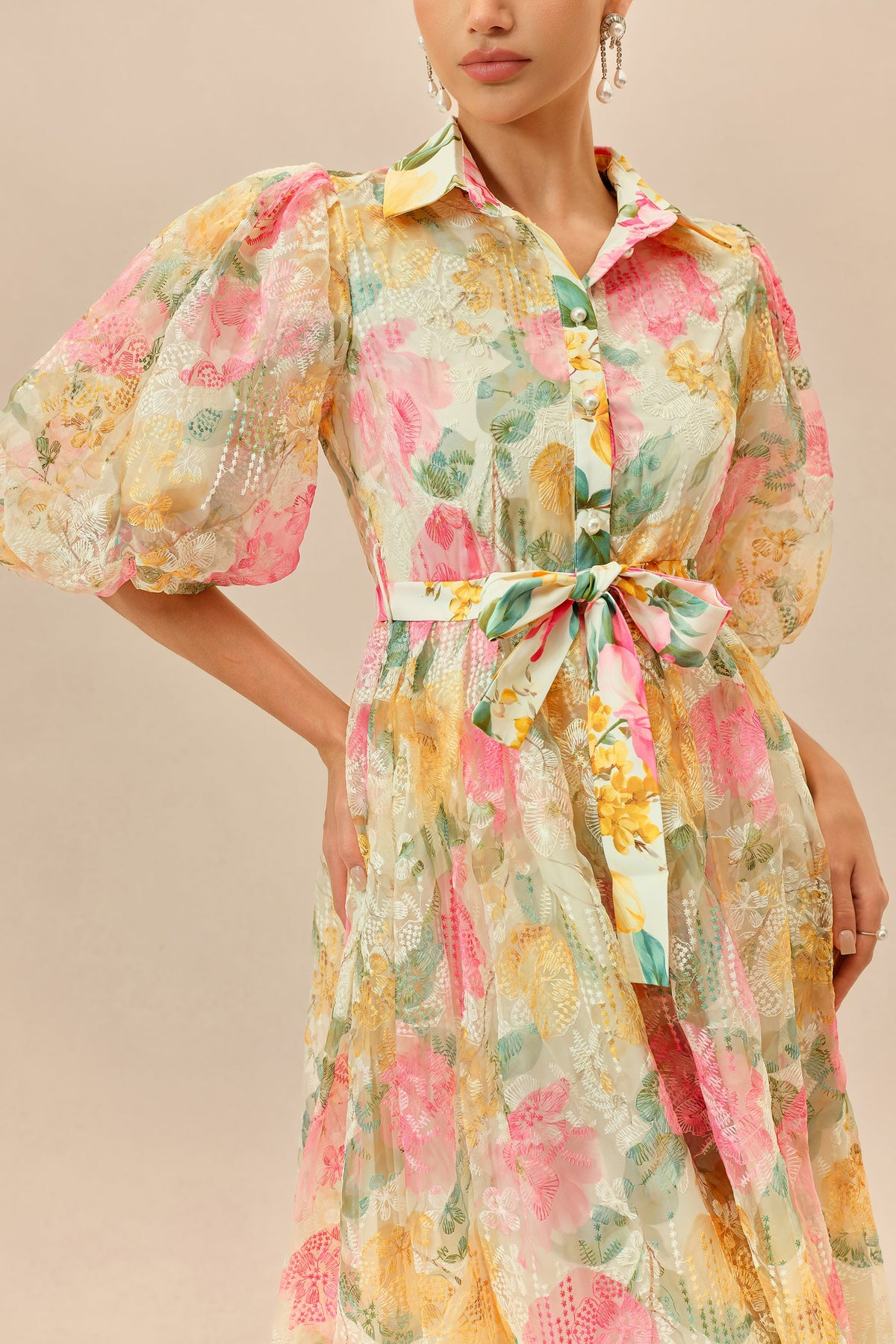 Multicolor Floral Print Lace Belted Maxi Dress