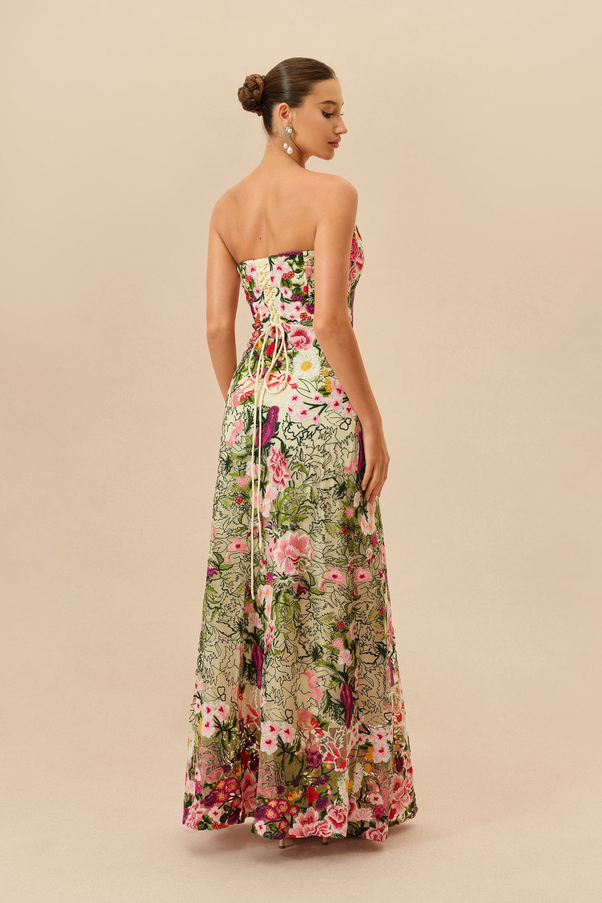 Pink And Green Floral Embroidered Strapless Sweetheart Maxi Dress