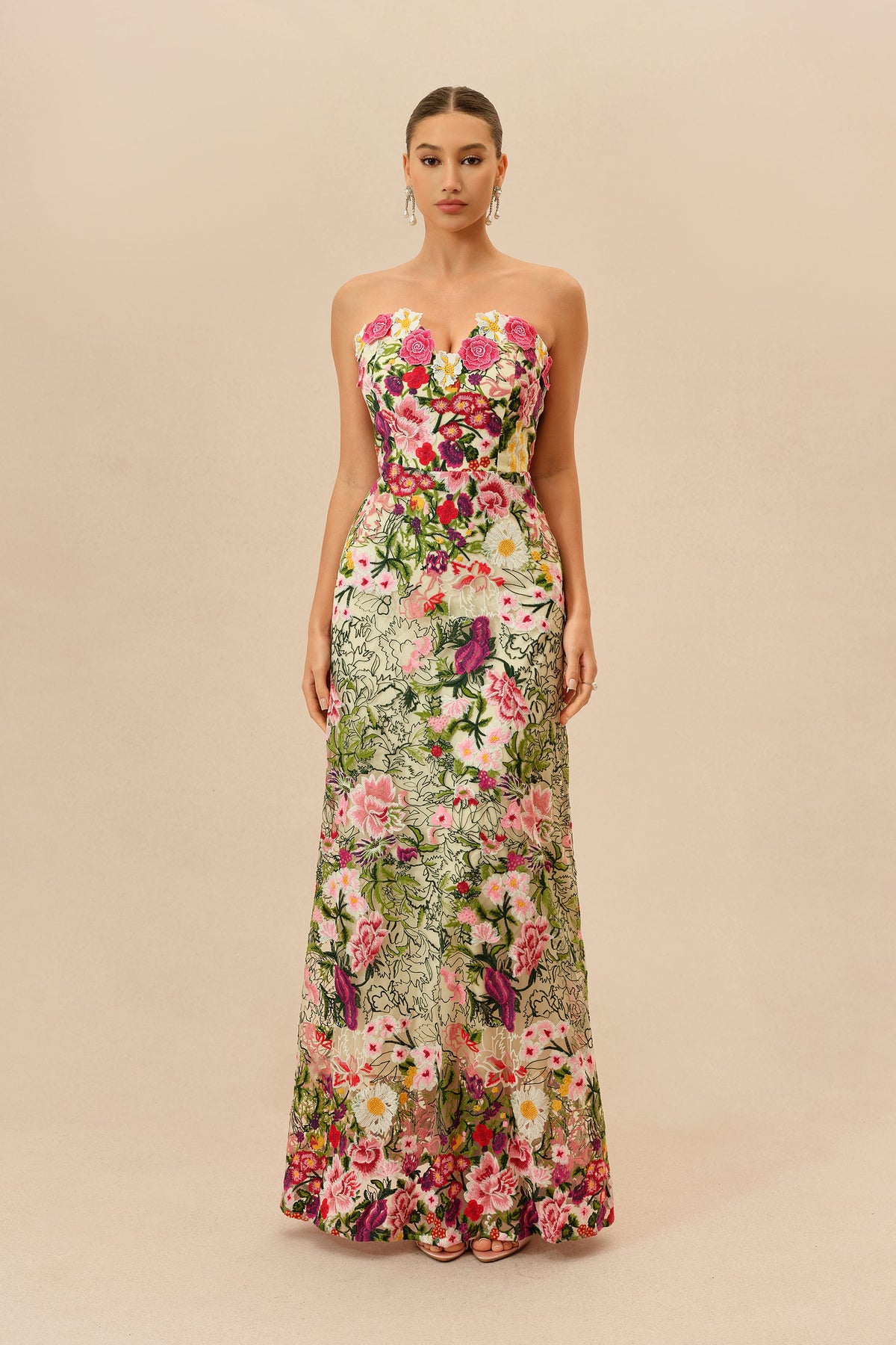 Pink And Green Floral Embroidered Strapless Sweetheart Maxi Dress