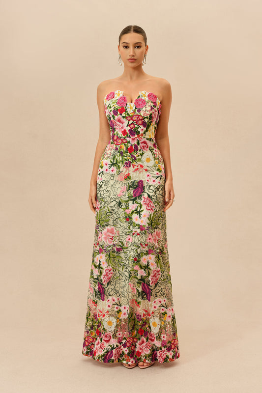 Pink And Green Floral Embroidered Strapless Sweetheart Maxi Dress