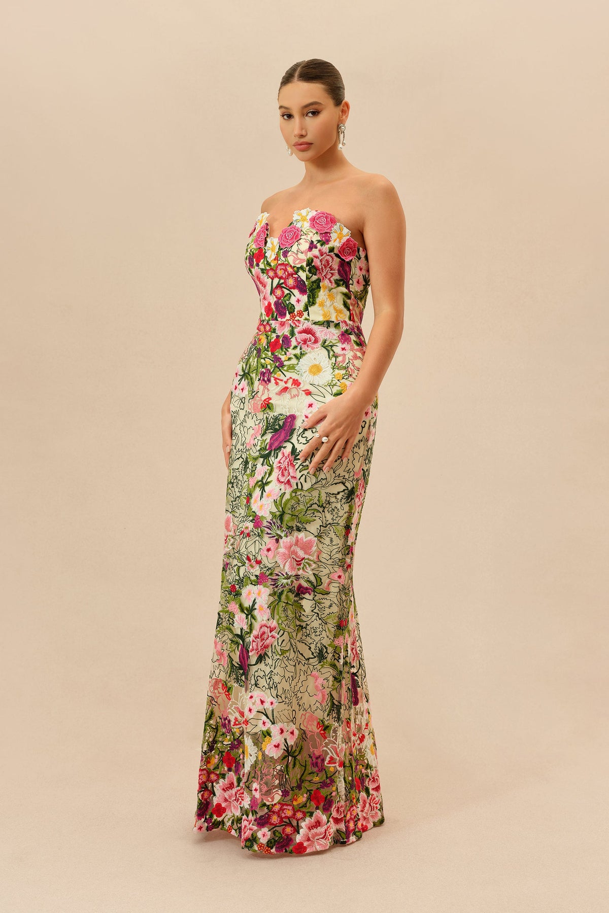 Pink And Green Floral Embroidered Strapless Sweetheart Maxi Dress