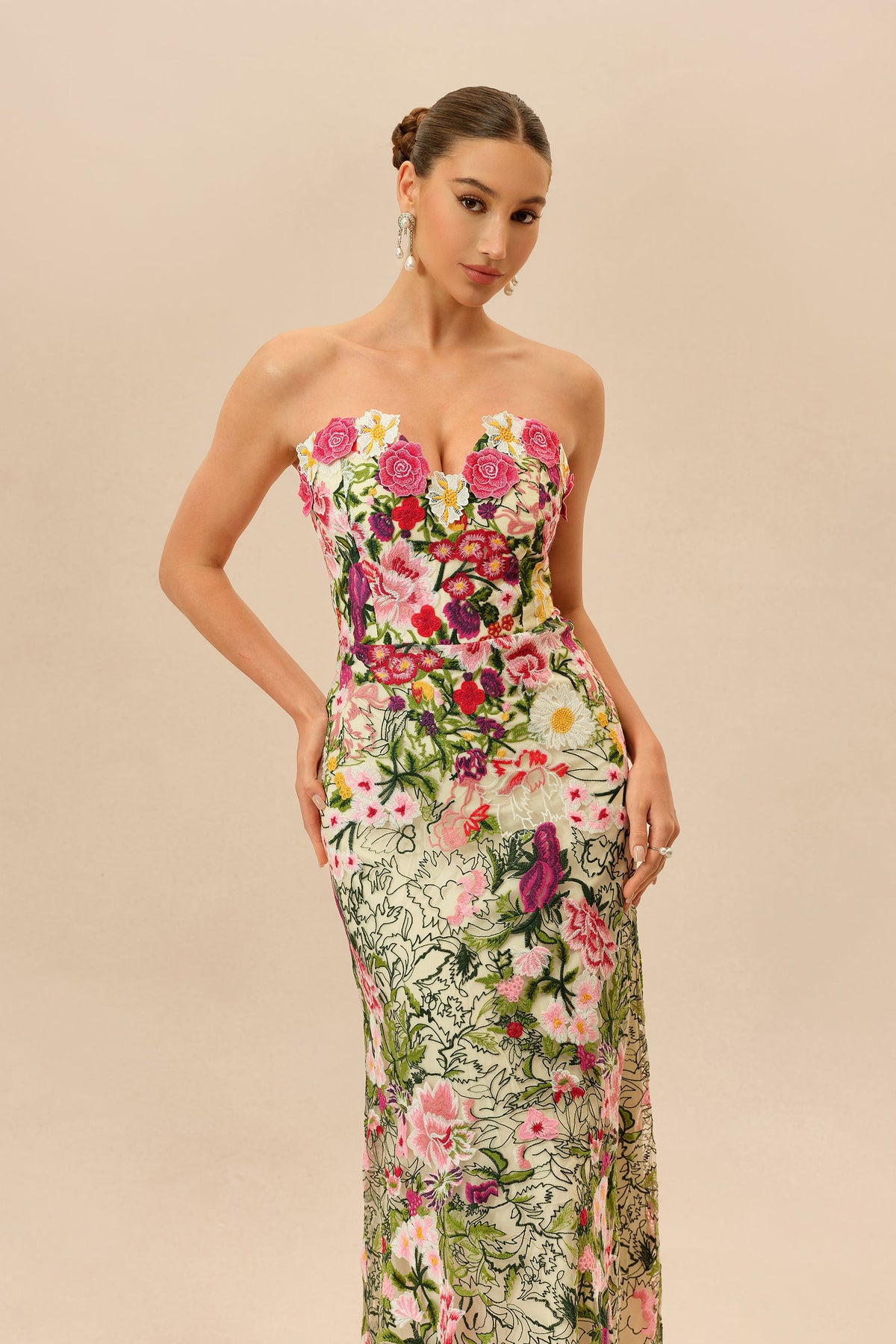 Pink And Green Floral Embroidered Strapless Sweetheart Maxi Dress