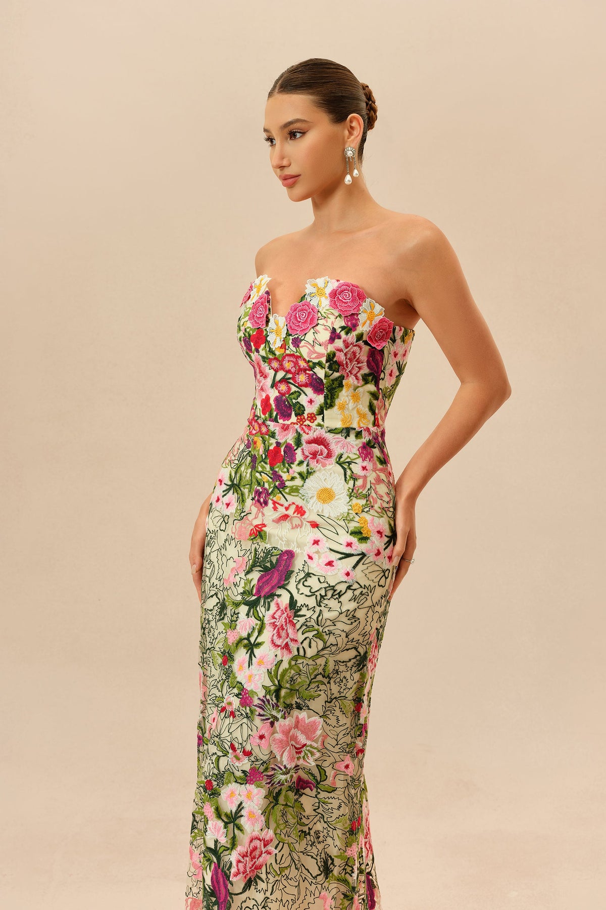 Pink And Green Floral Embroidered Strapless Sweetheart Maxi Dress