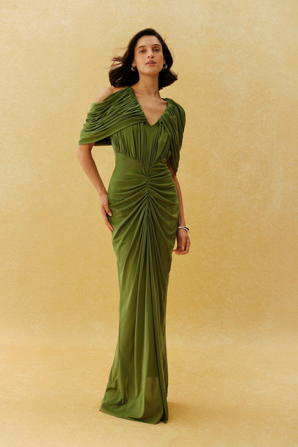 Green Draped V-Neck Ruched Cape Off-Shoulder Sleeves Formal Maxi Dress