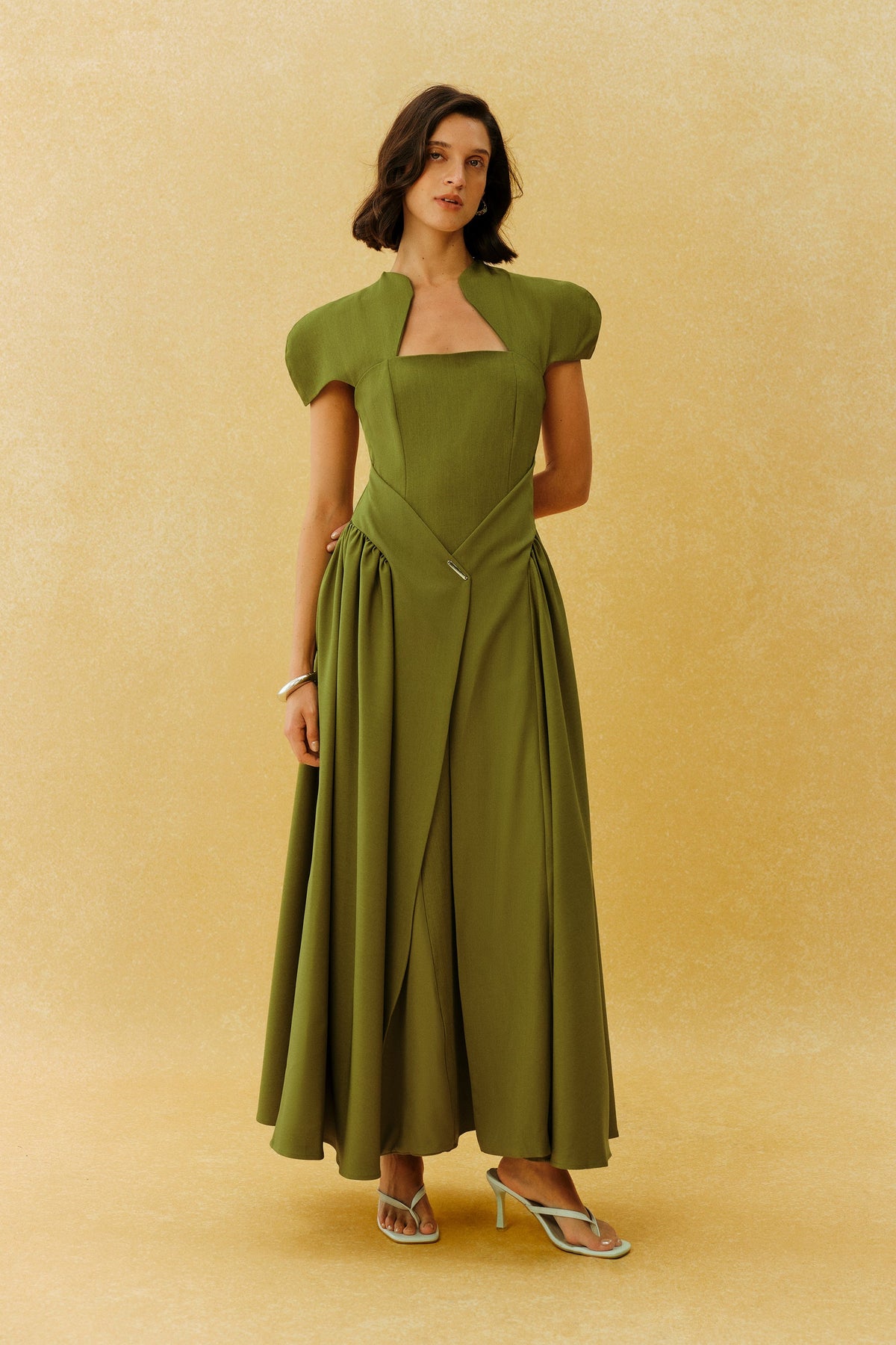 Green Metal Accent Cap-Sleeve Notched Square-Neck Formal Maxi Dress