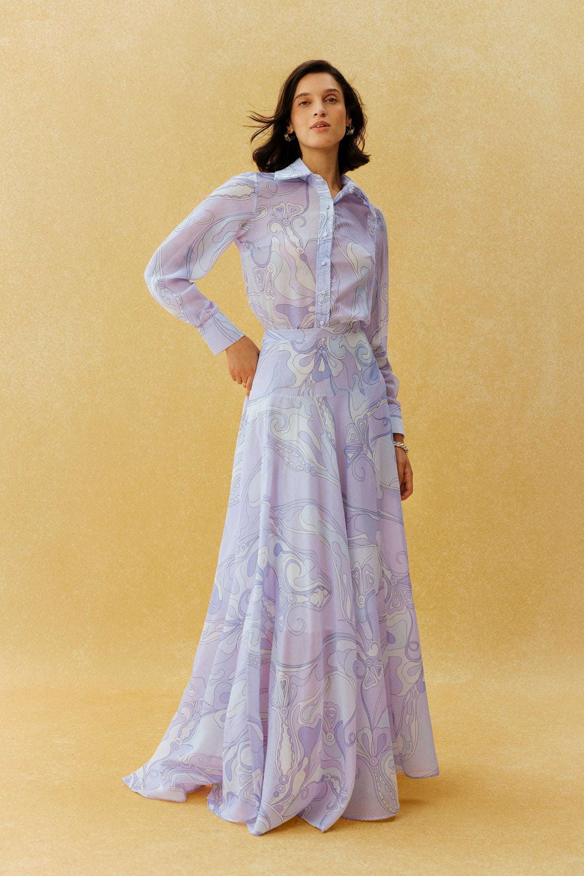 Purple Abstract Print Woven Pointed Collar Long-Sleeve Shirt & Maxi Skirt Set