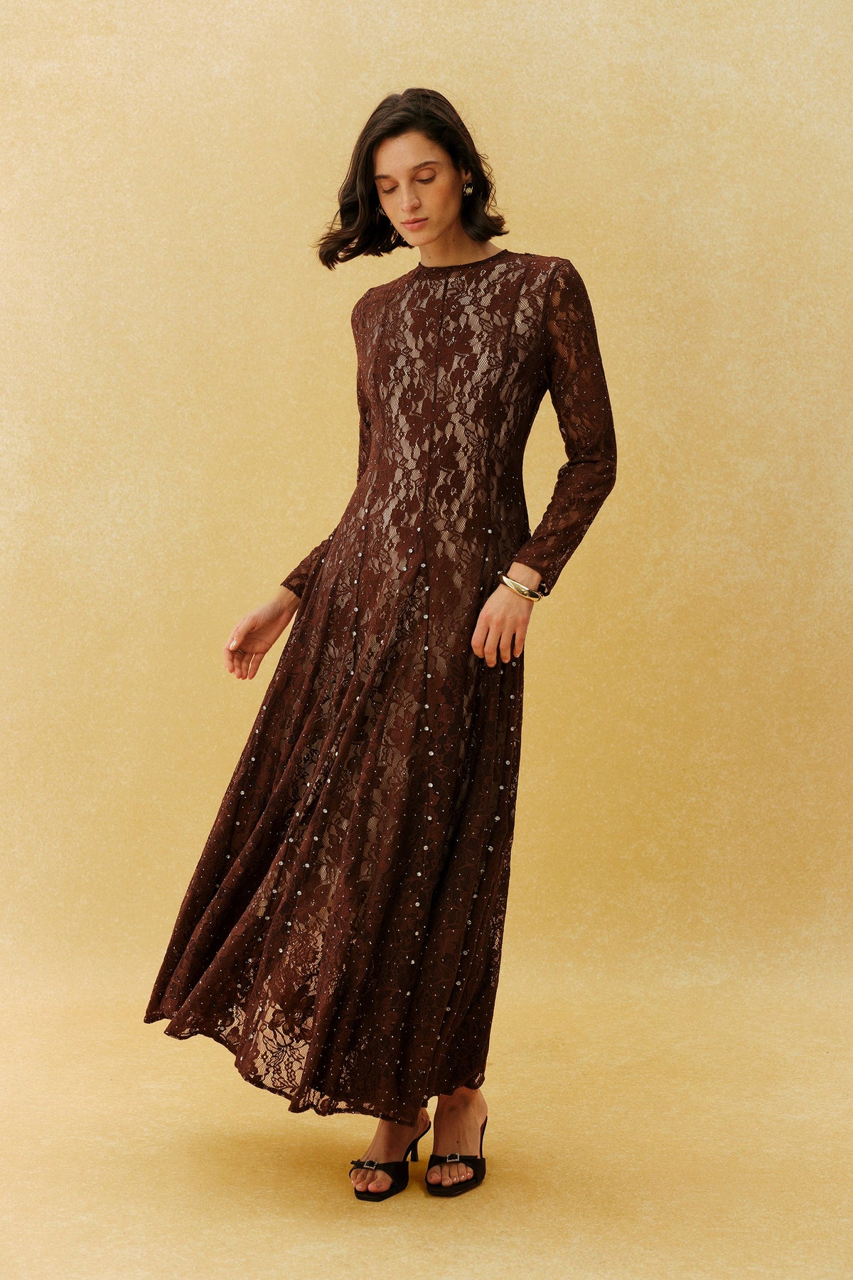 Brown Floral Lace Rhinestone Long-Sleeve Formal Maxi Dress