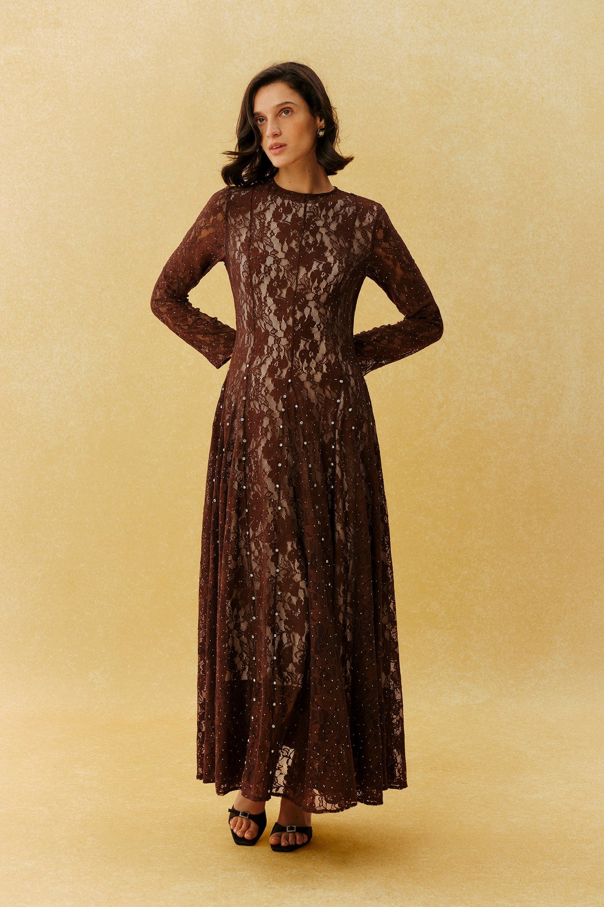Brown Floral Lace Rhinestone Long-Sleeve Formal Maxi Dress