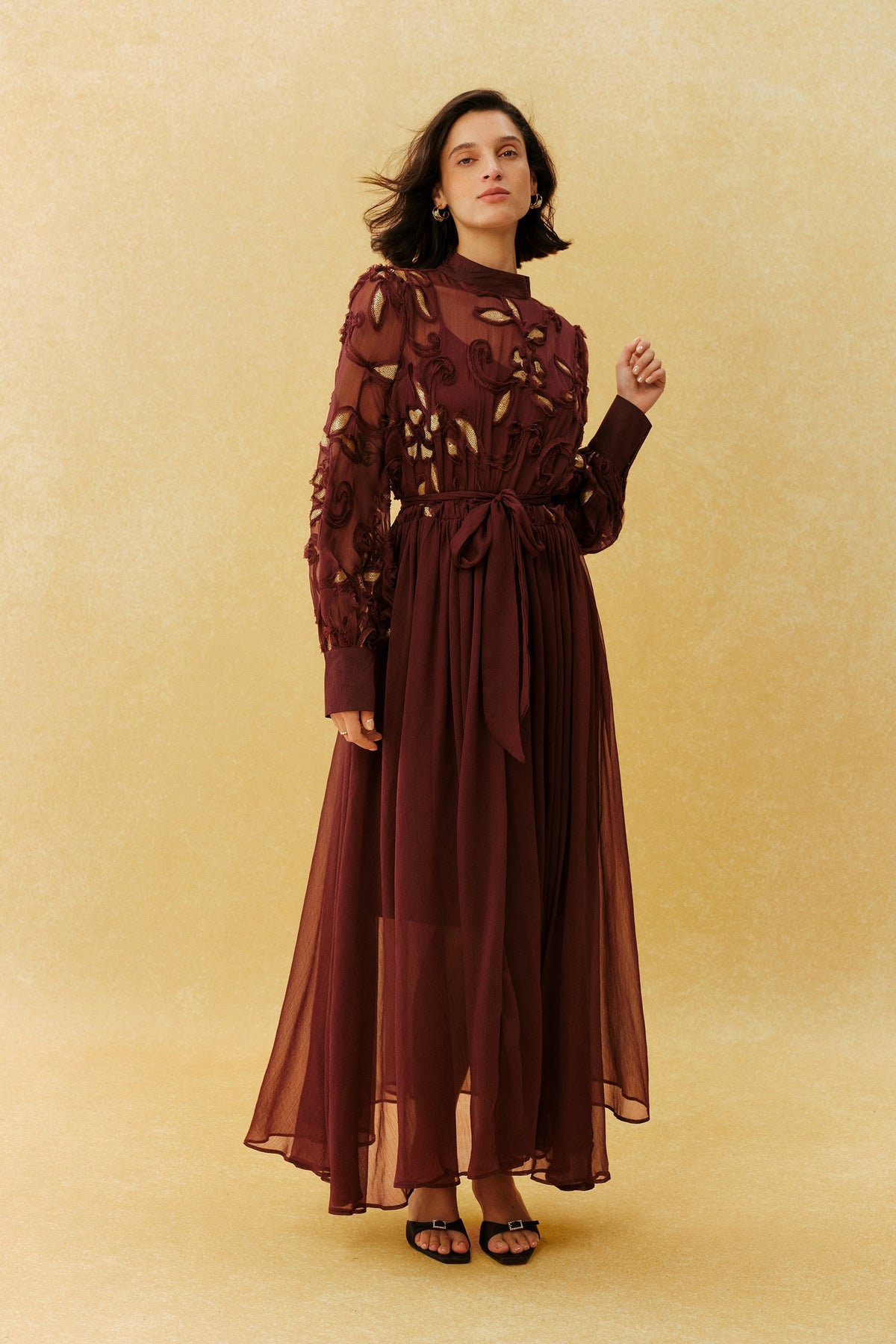 Burgundy Gold Floral Embroidered Appliqué Belted Long-Sleeve High-Neck Maxi Dress