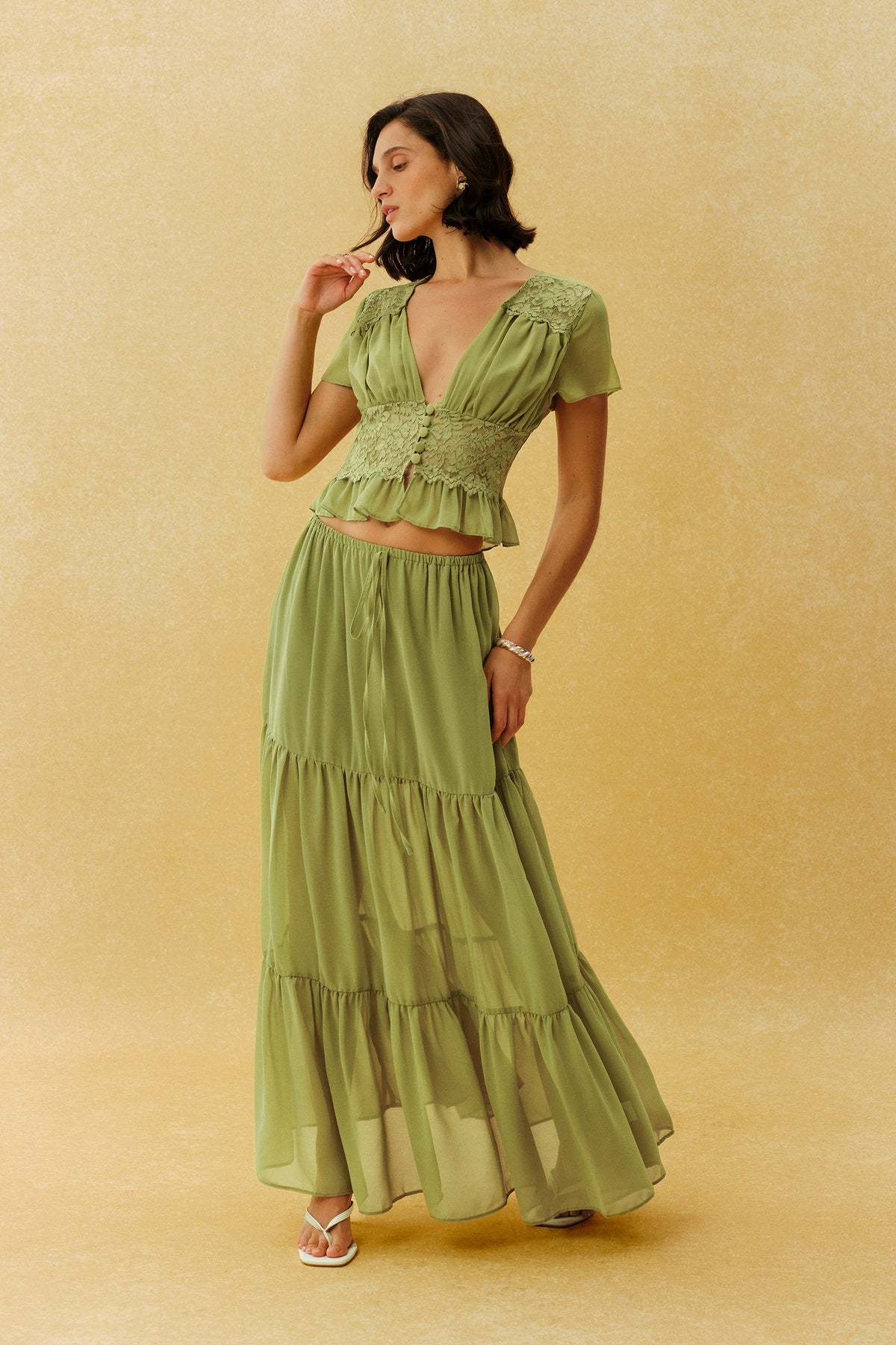 Green Chiffon Lace Short Flutter-Sleeve Tiered Cropped Top & Maxi Skirt Set