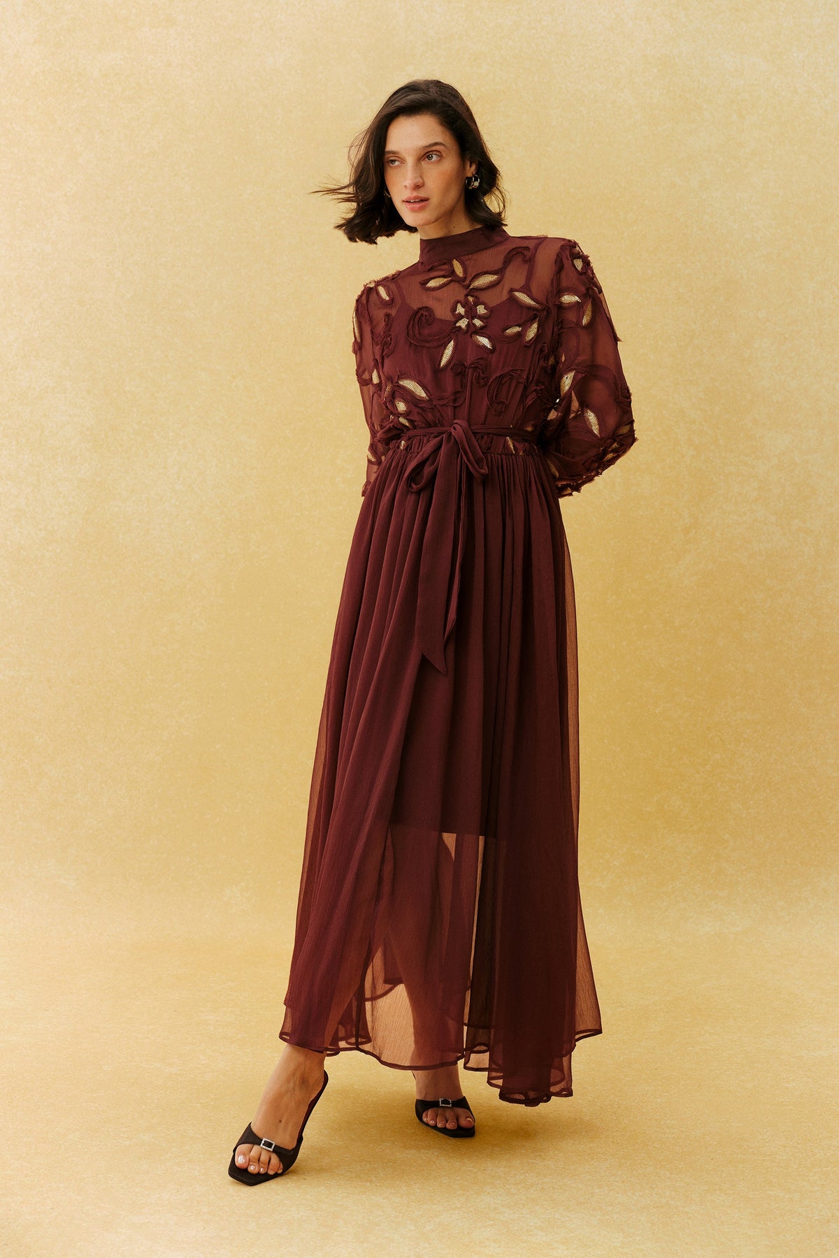 Burgundy Gold Floral Embroidered Appliqué Belted Long-Sleeve High-Neck Maxi Dress