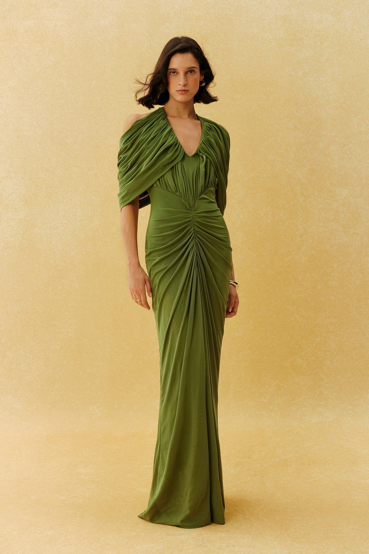 Green Draped V-Neck Ruched Cape Off-Shoulder Sleeves Formal Maxi Dress