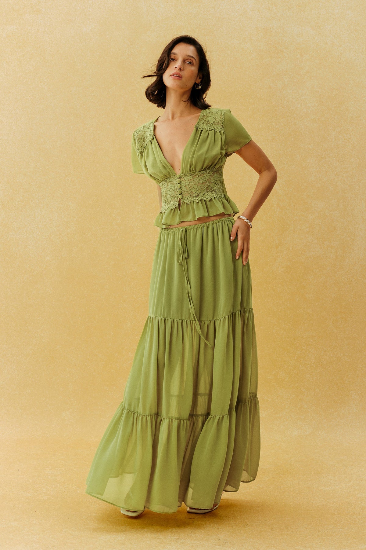 Green Chiffon Lace Short Flutter-Sleeve Tiered Cropped Top & Maxi Skirt Set