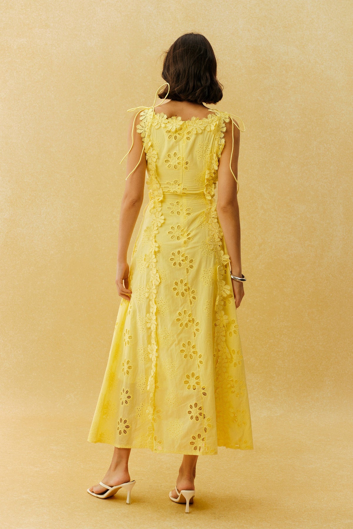 Yellow Eyelet Embroidery 3D Floral Appliqué Tie-Strap Beach Maxi Dress