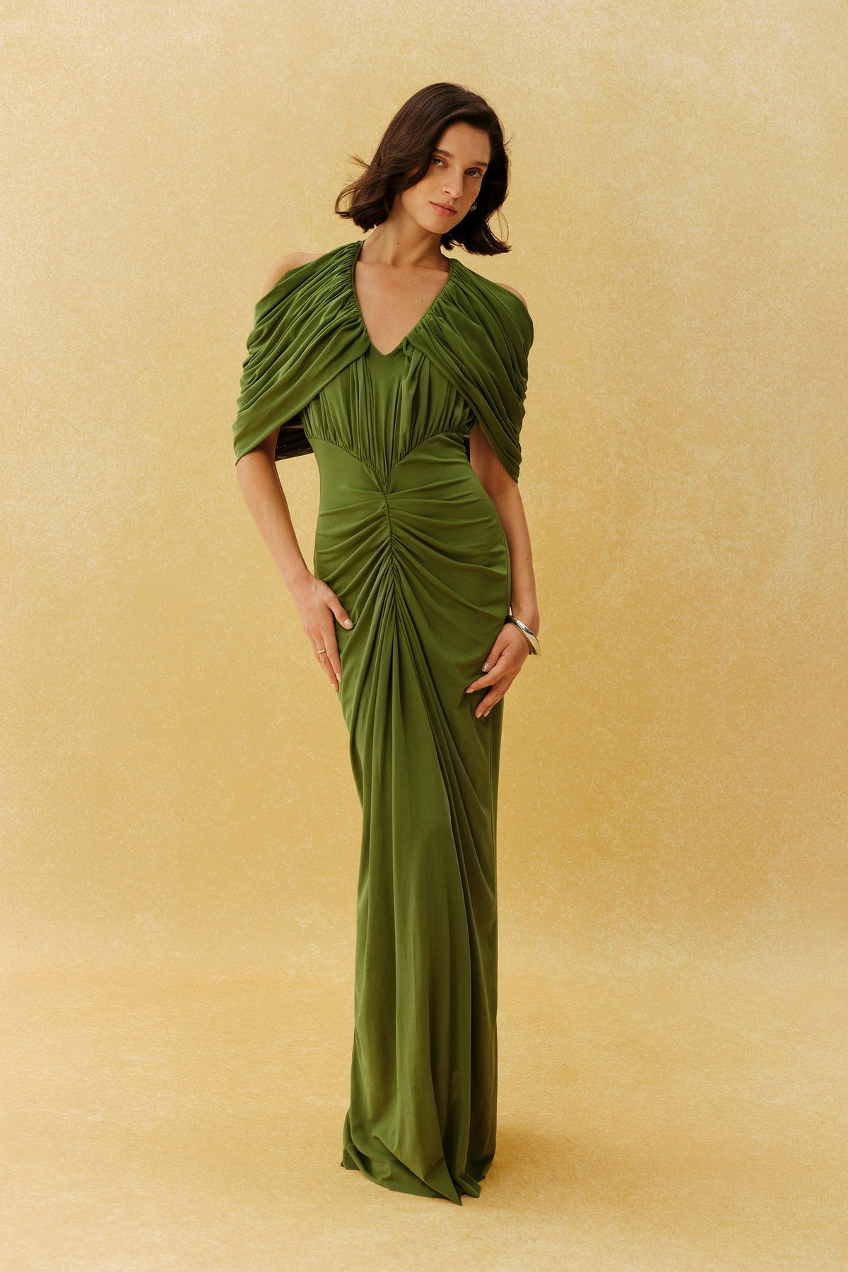 Green Draped V-Neck Ruched Cape Off-Shoulder Sleeves Formal Maxi Dress
