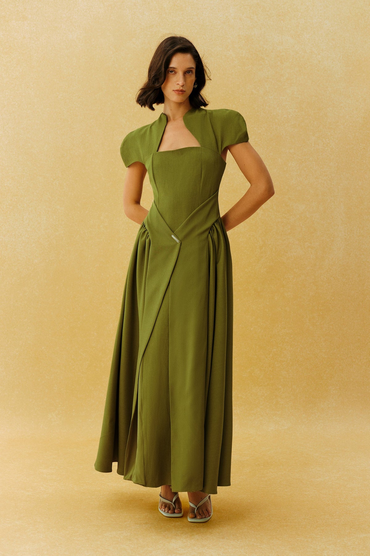 Green Metal Accent Cap-Sleeve Notched Square-Neck Formal Maxi Dress