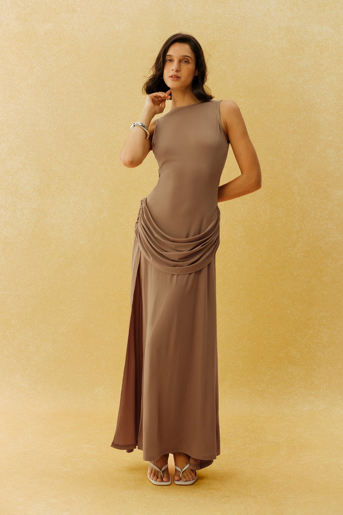 Taupe Brown High Slit Sleeveless Cowl Ruched Waist Evening Maxi Dress