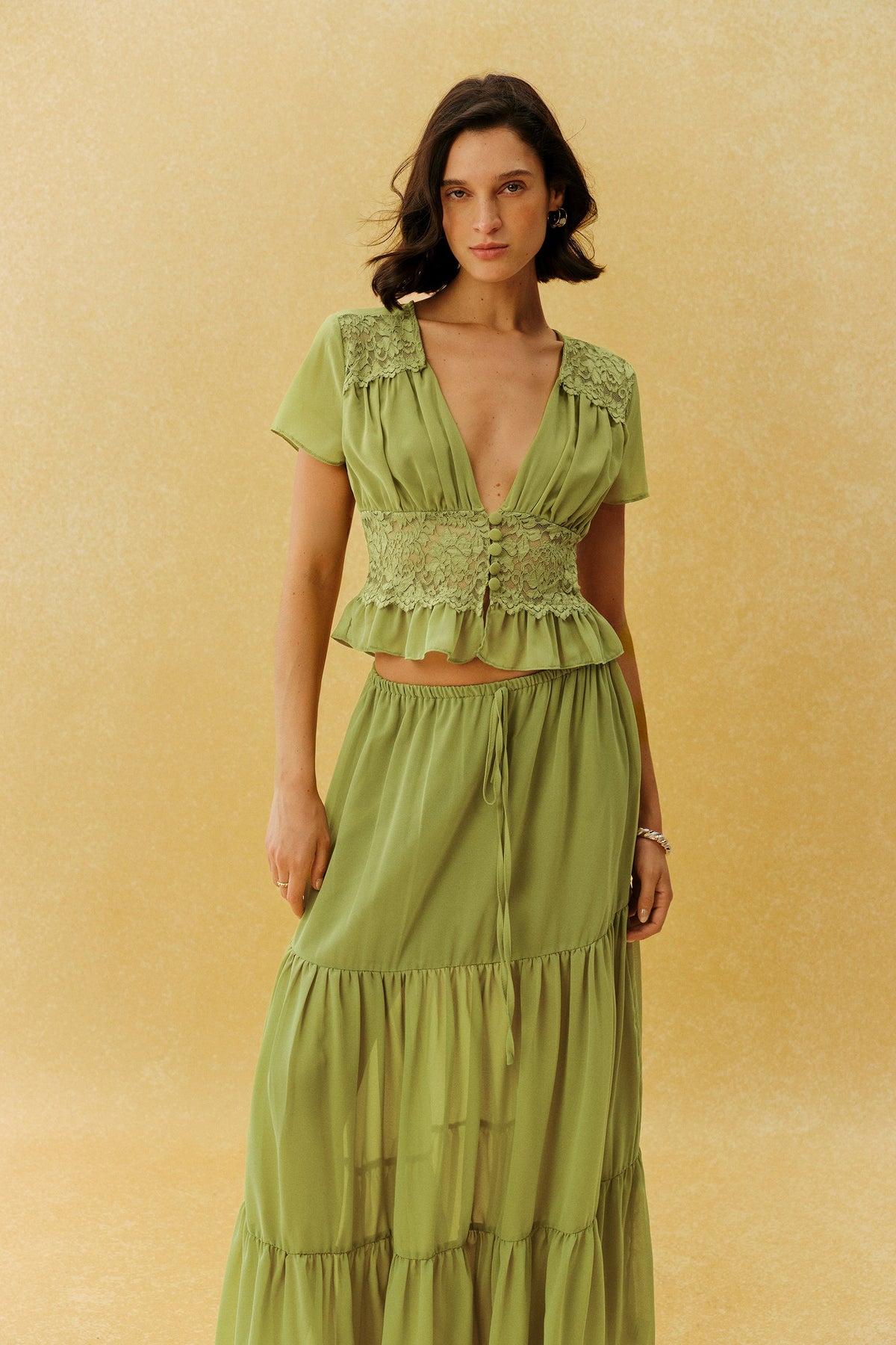 Green Chiffon Lace Short Flutter-Sleeve Tiered Cropped Top & Maxi Skirt Set