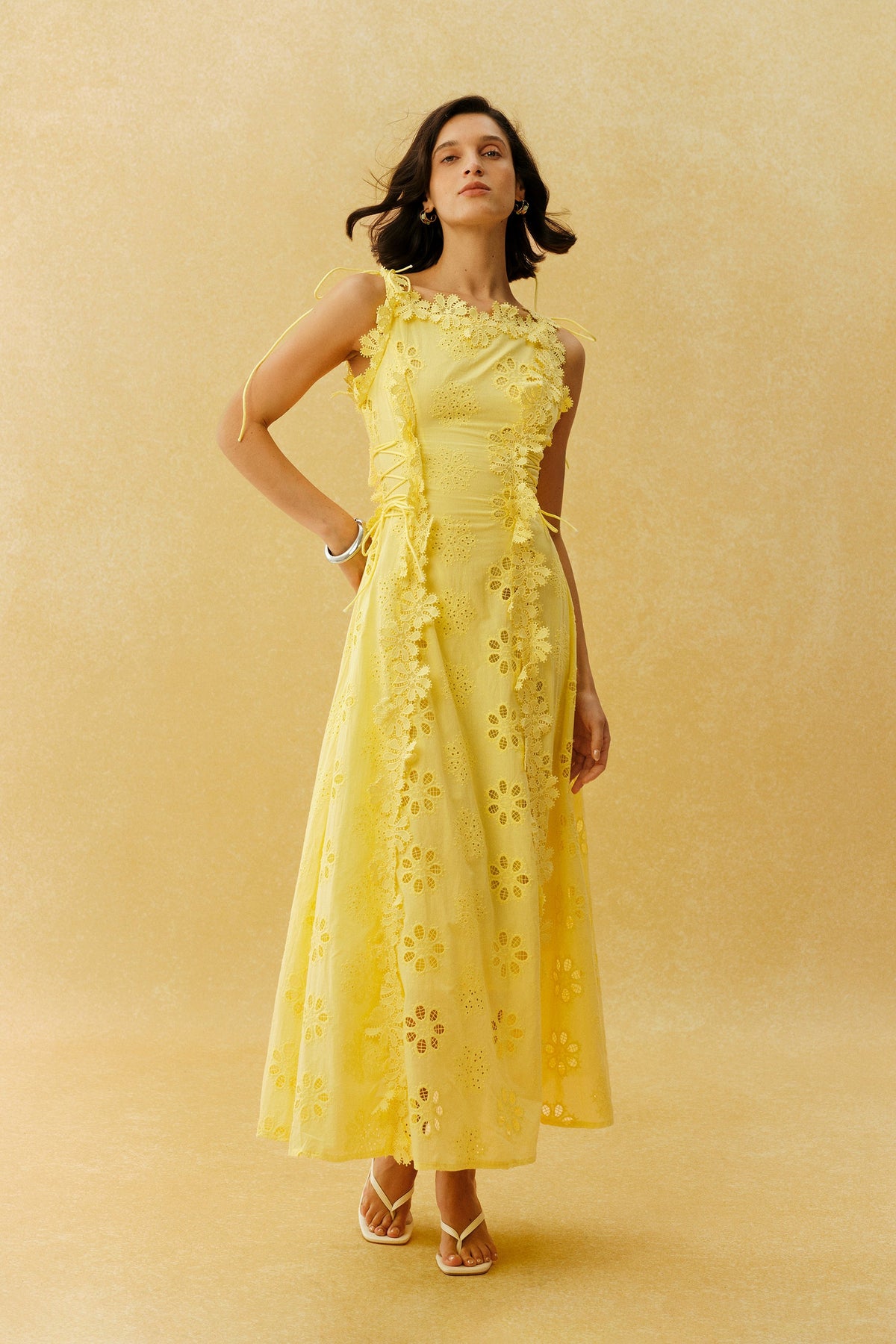 Yellow Eyelet Embroidery 3D Floral Appliqué Tie-Strap Beach Maxi Dress