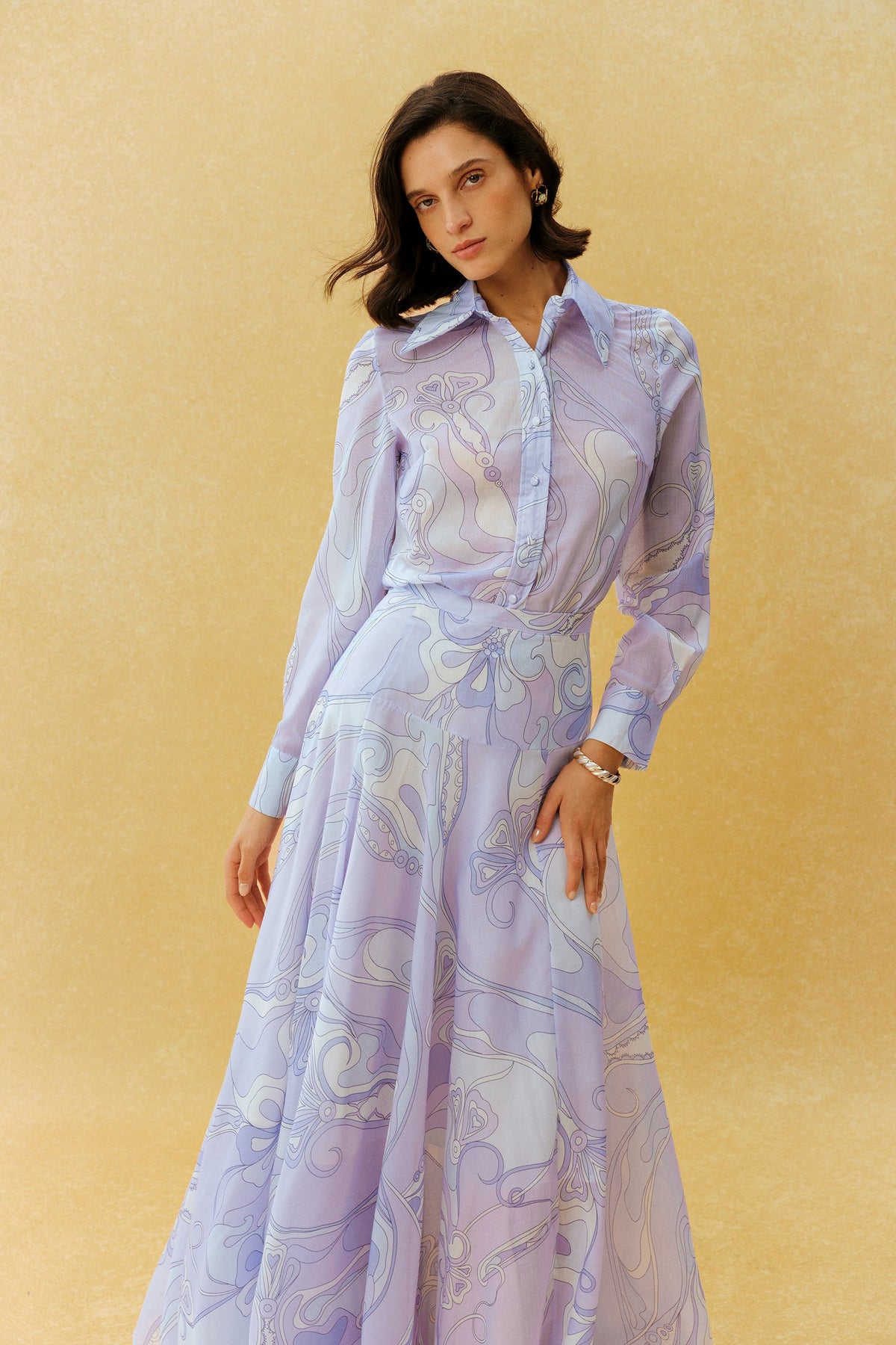 Purple Abstract Print Woven Pointed Collar Long-Sleeve Shirt & Maxi Skirt Set
