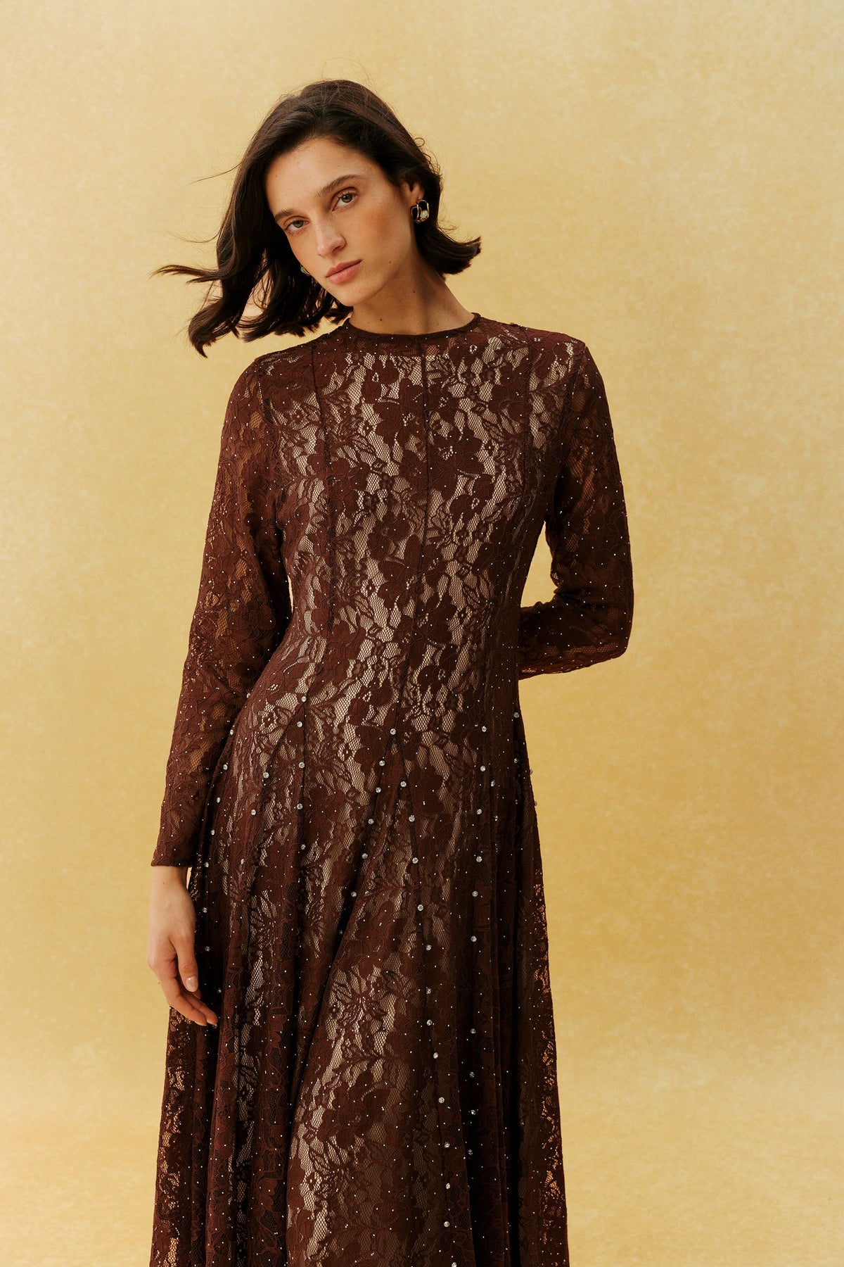 Brown Floral Lace Rhinestone Long-Sleeve Formal Maxi Dress