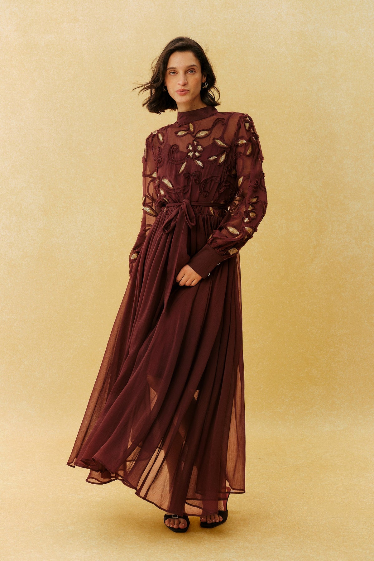 Burgundy Gold Floral Embroidered Appliqué Belted Long-Sleeve High-Neck Maxi Dress