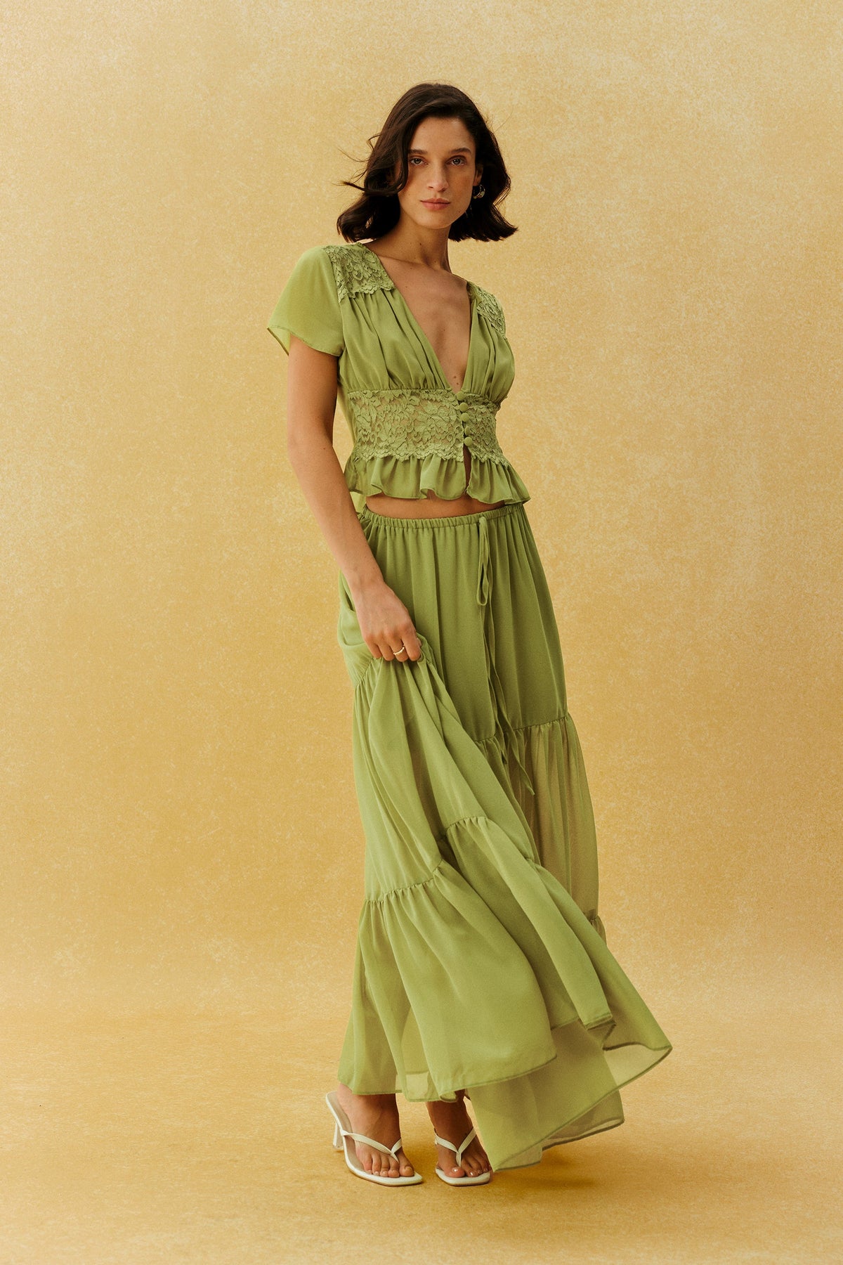 Green Chiffon Lace Short Flutter-Sleeve Tiered Cropped Top & Maxi Skirt Set