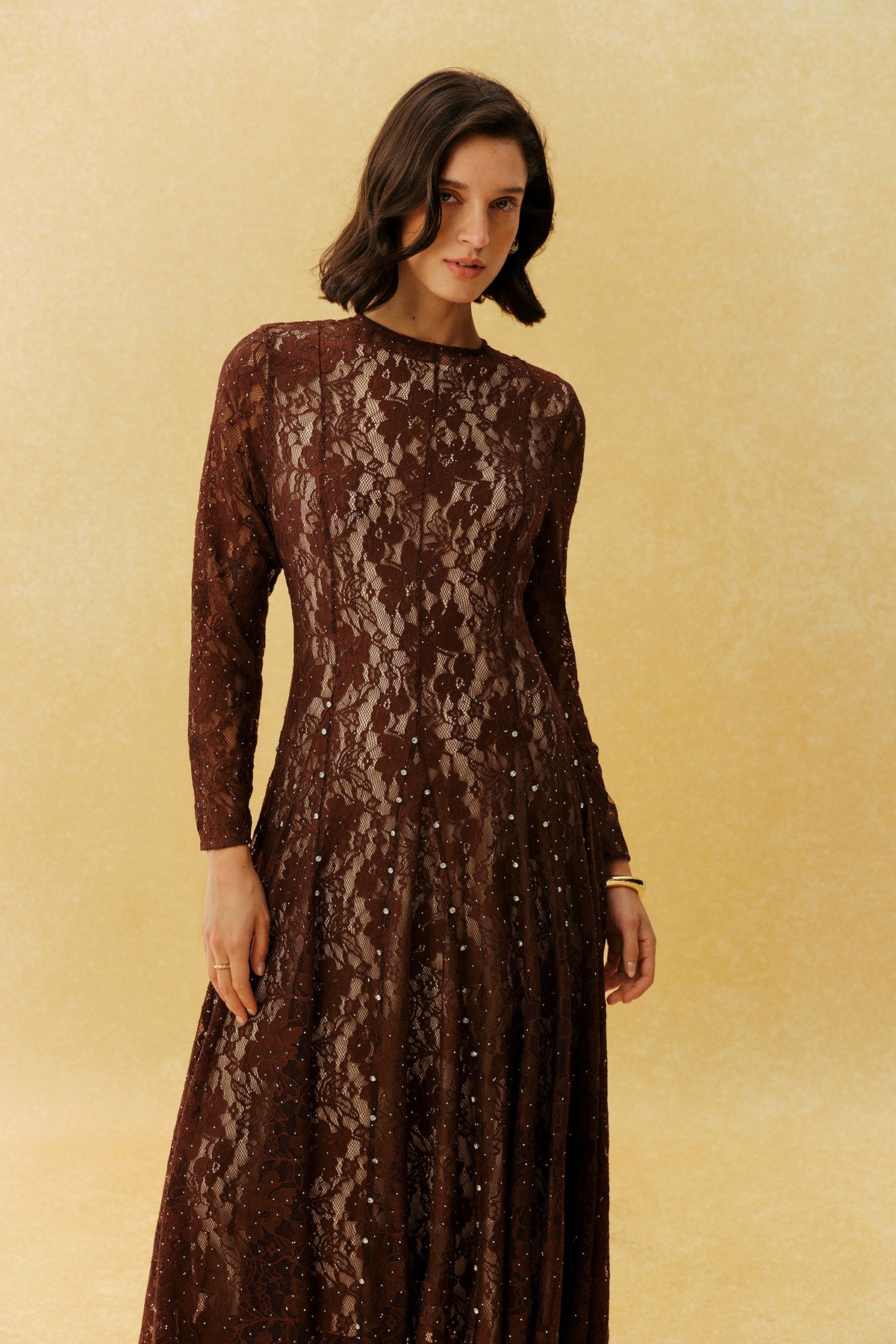 Brown Floral Lace Rhinestone Long-Sleeve Formal Maxi Dress