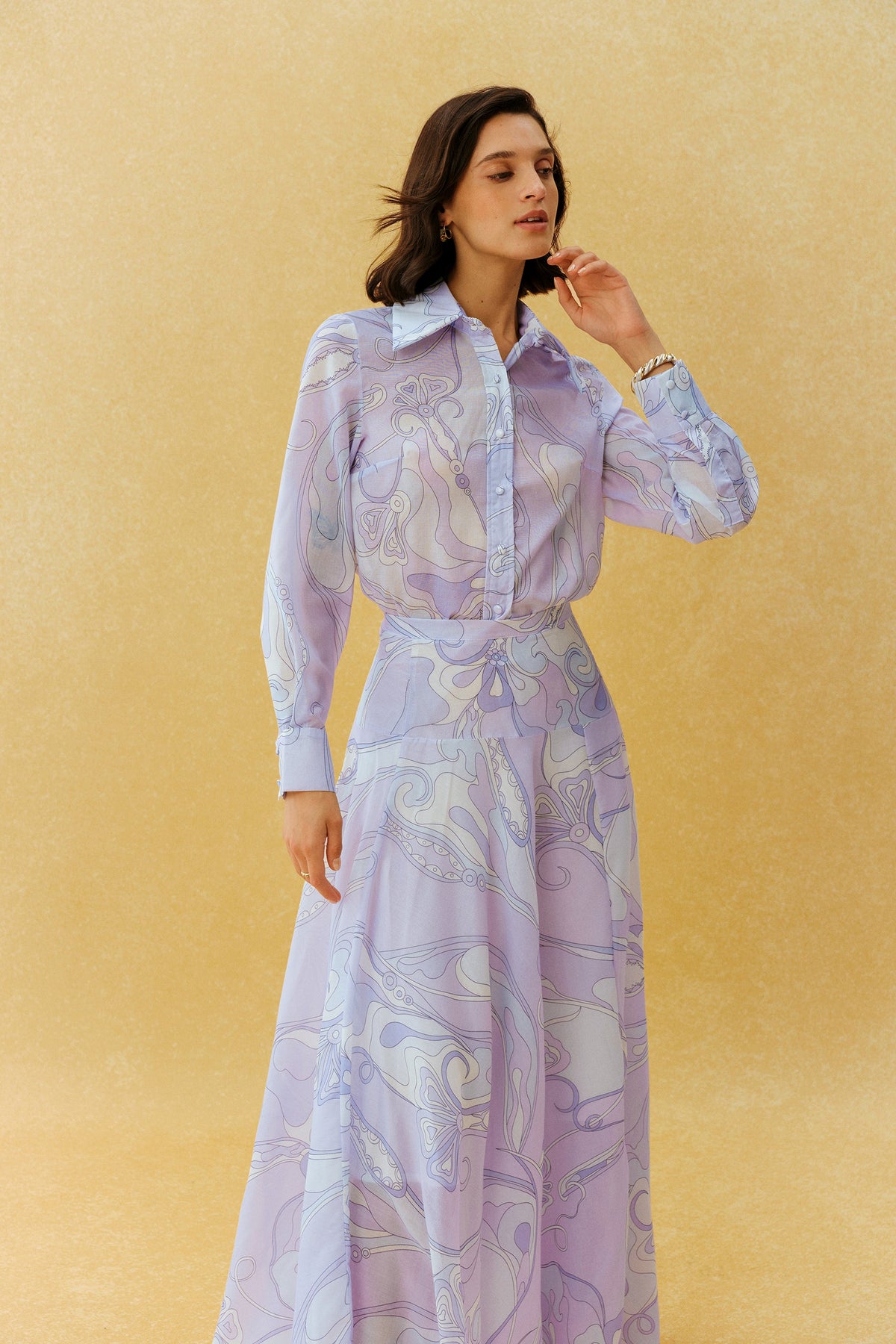 Purple Abstract Print Woven Pointed Collar Long-Sleeve Shirt & Maxi Skirt Set