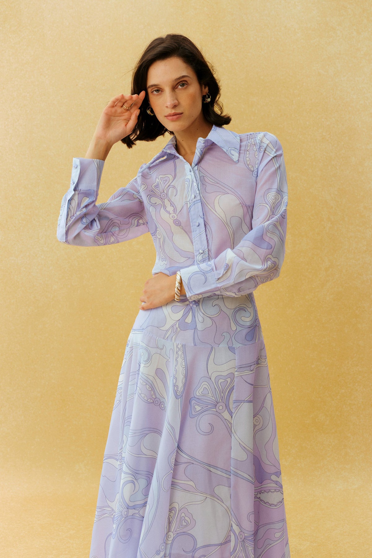Purple Abstract Print Woven Pointed Collar Long-Sleeve Shirt & Maxi Skirt Set