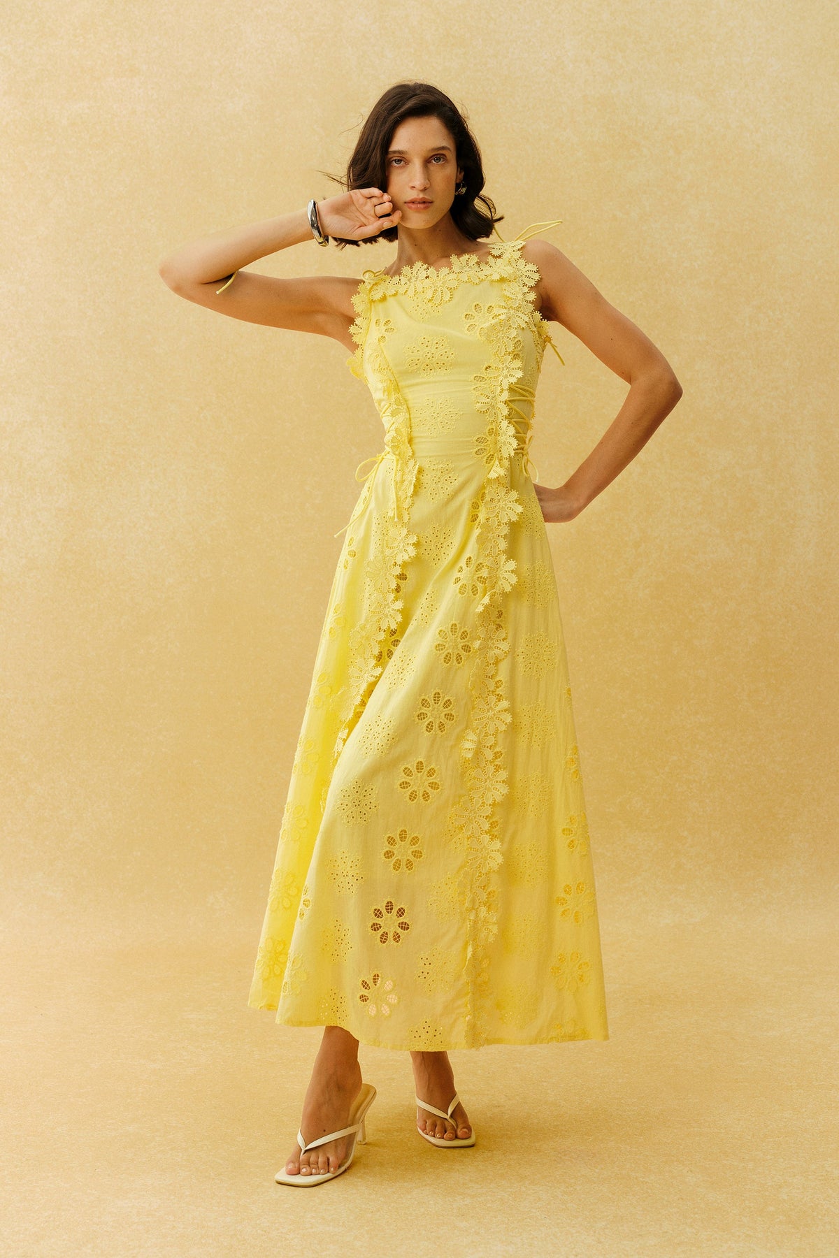 Yellow Eyelet Embroidery 3D Floral Appliqué Tie-Strap Beach Maxi Dress