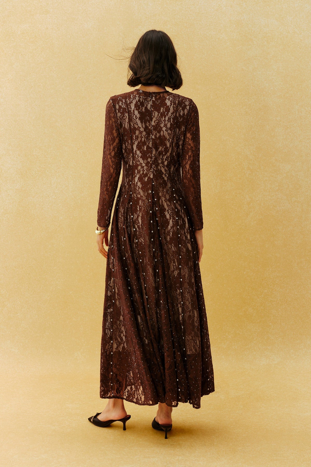Brown Floral Lace Rhinestone Long-Sleeve Formal Maxi Dress