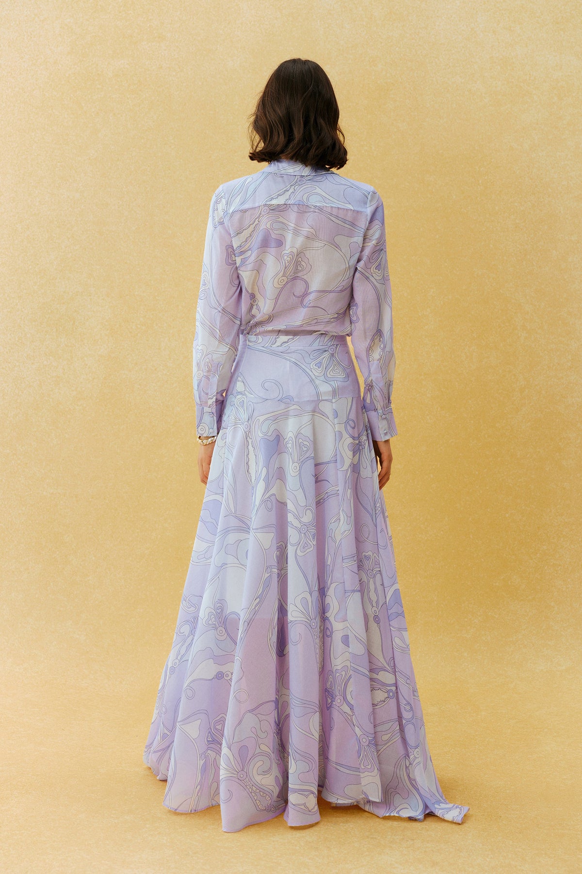 Purple Abstract Print Woven Pointed Collar Long-Sleeve Shirt & Maxi Skirt Set