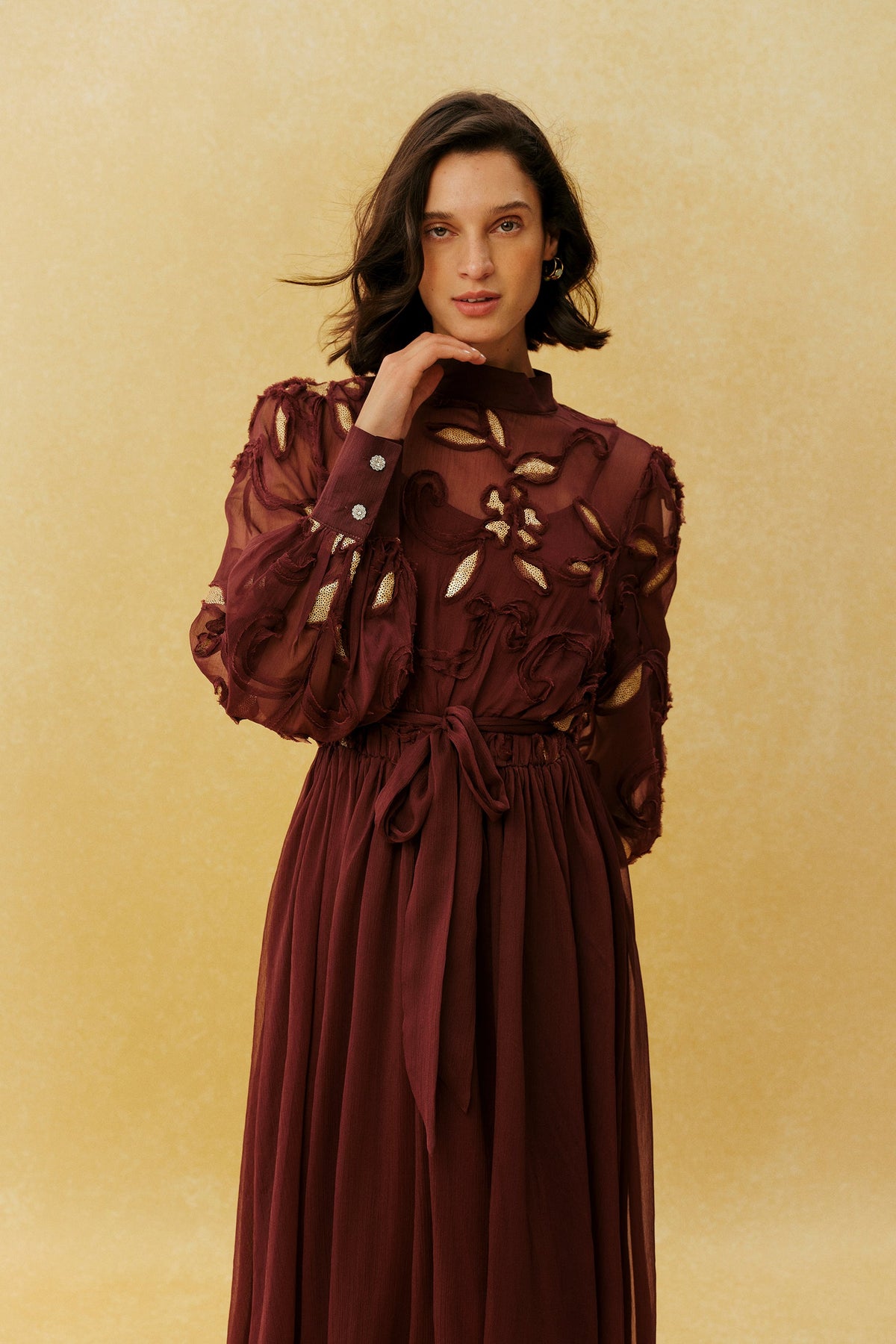 Burgundy Gold Floral Embroidered Appliqué Belted Long-Sleeve High-Neck Maxi Dress