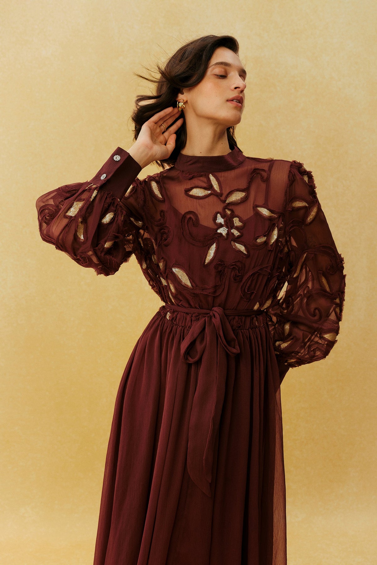 Burgundy Gold Floral Embroidered Appliqué Belted Long-Sleeve High-Neck Maxi Dress