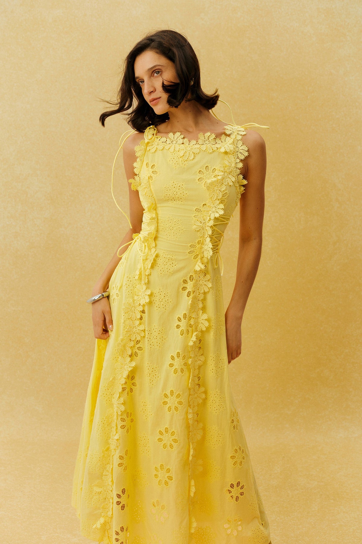 Yellow Eyelet Embroidery 3D Floral Appliqué Tie-Strap Beach Maxi Dress